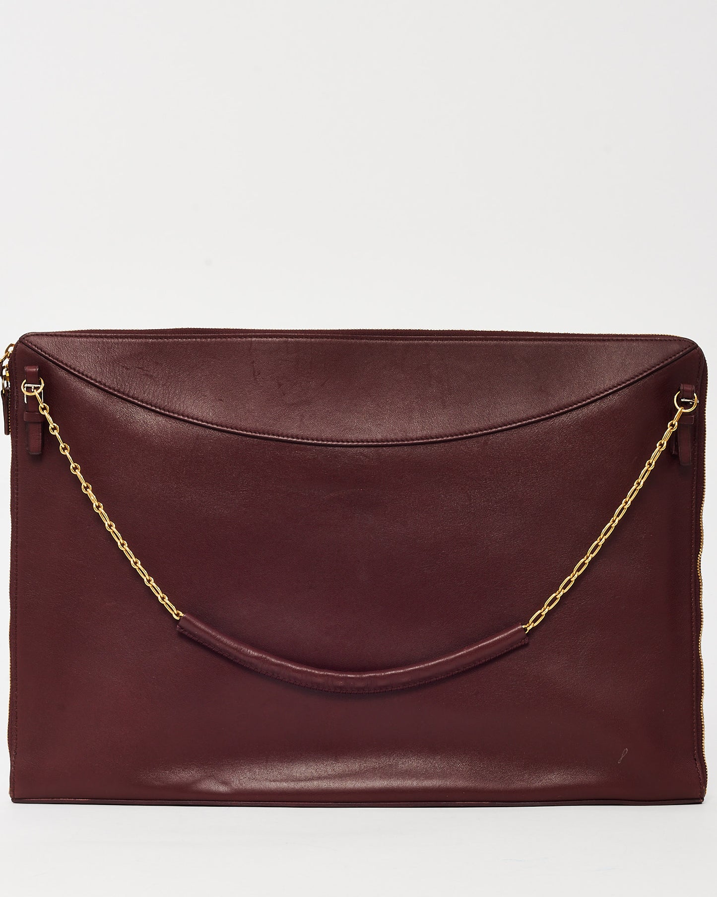 Celine Maroon Calfskin Leather Large Flat Zip Around Chain Shoulder Bag