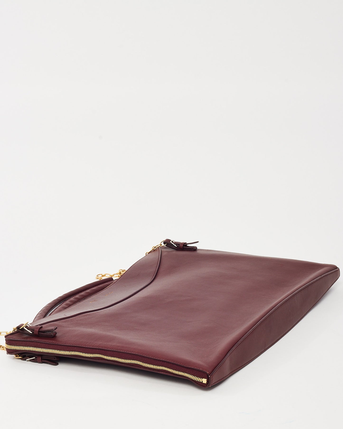 Celine Maroon Calfskin Leather Large Flat Zip Around Chain Shoulder Bag