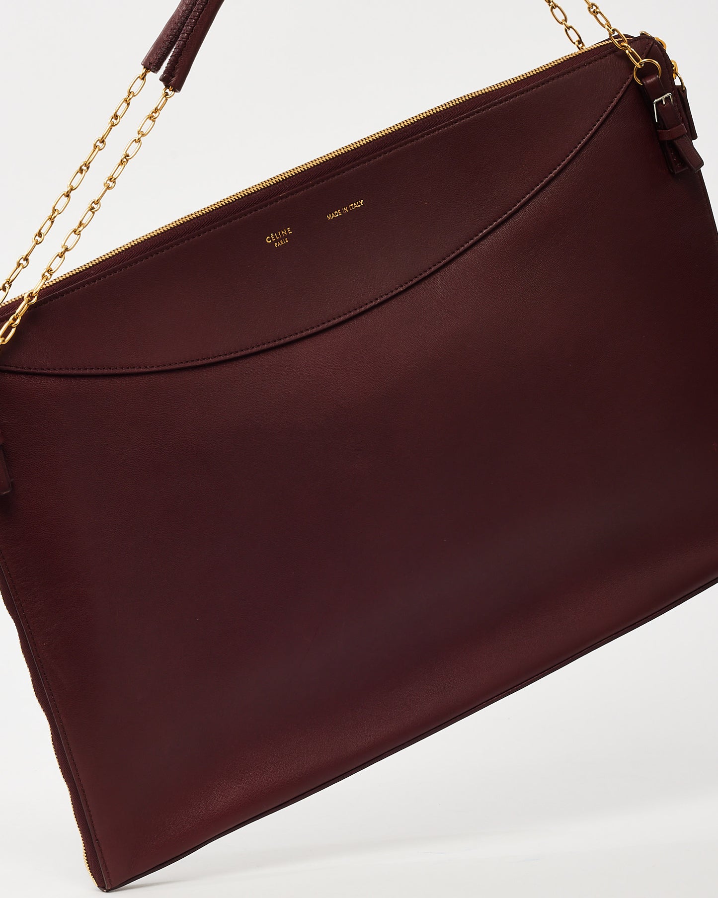 Celine Maroon Calfskin Leather Large Flat Zip Around Chain Shoulder Bag
