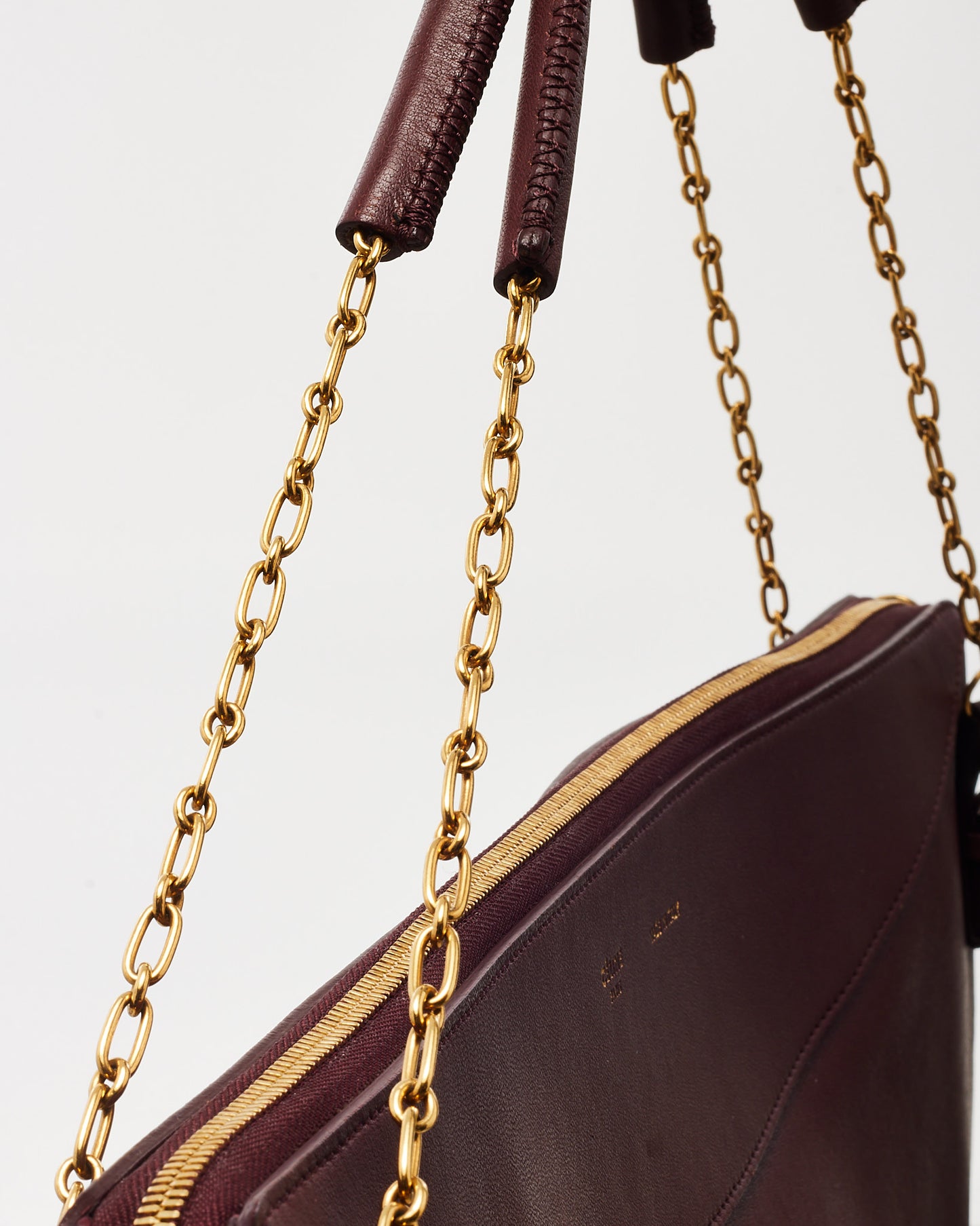 Celine Maroon Calfskin Leather Large Flat Zip Around Chain Shoulder Bag