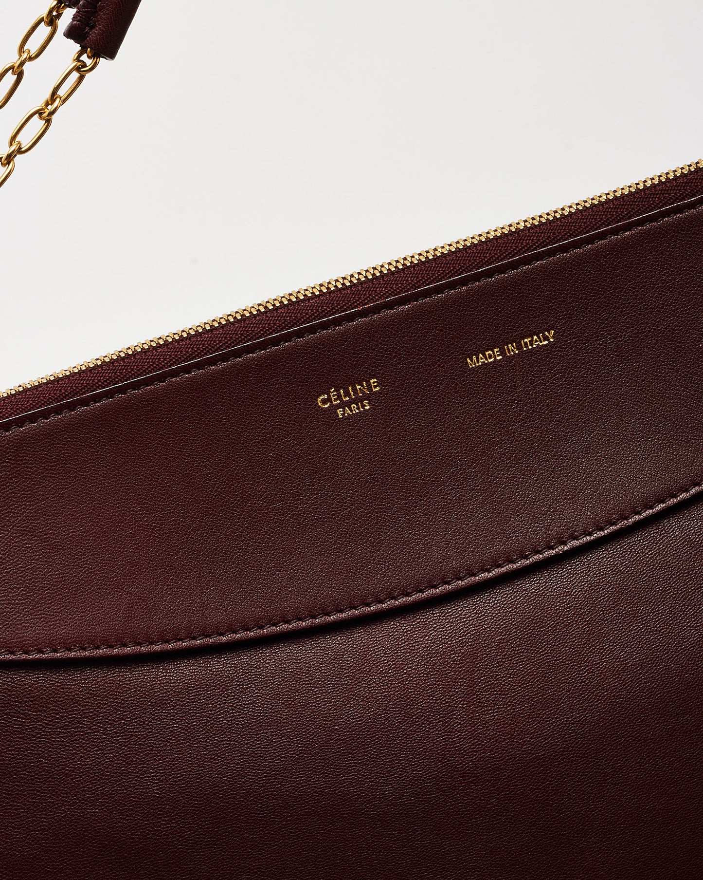 Celine Maroon Calfskin Leather Large Flat Zip Around Chain Shoulder Bag