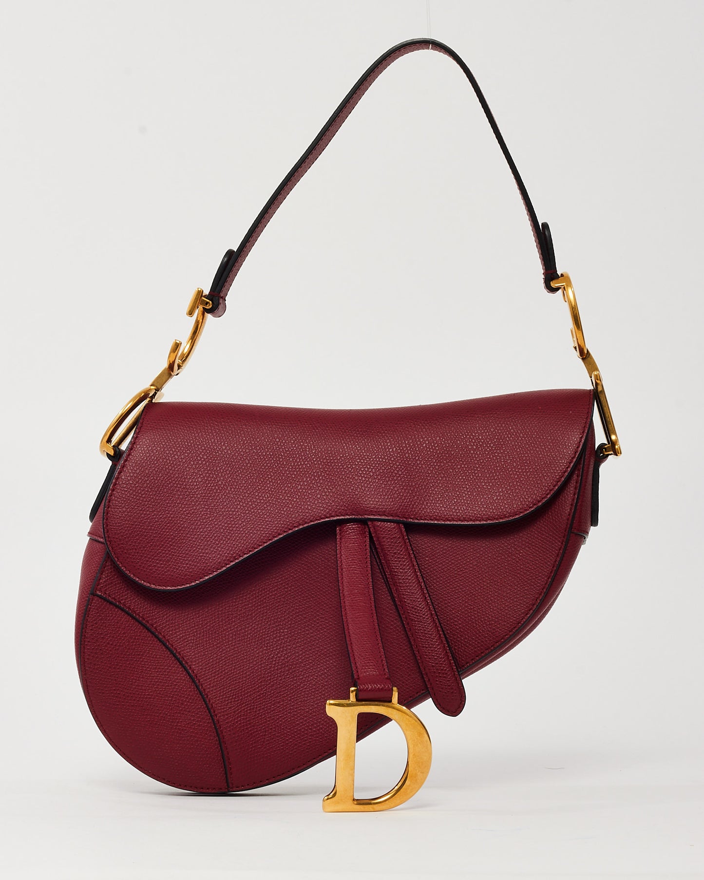 Dior Dark Red Grained Calfskin Leather Medium Saddle Bag GHW with Embroidered Guitar Strap