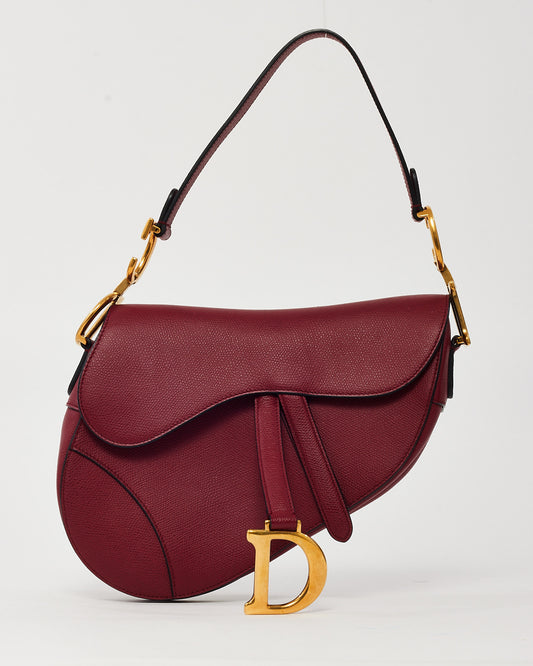 Dior Dark Red Grained Calfskin Leather Medium Saddle Bag GHW with Embroidered Guitar Strap