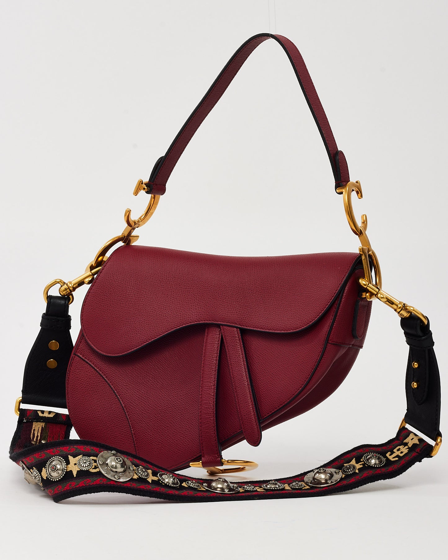 Dior Dark Red Grained Calfskin Leather Medium Saddle Bag GHW with Embroidered Guitar Strap