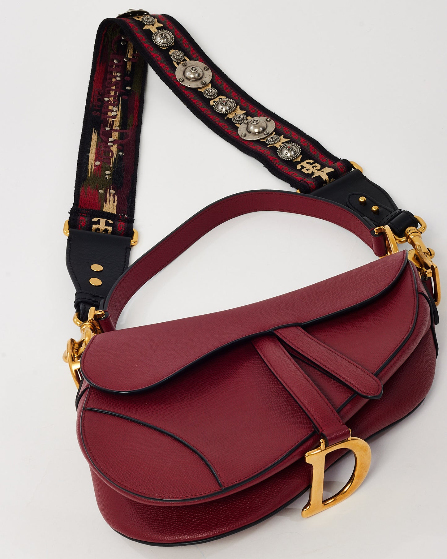 Dior Dark Red Grained Calfskin Leather Medium Saddle Bag GHW with Embroidered Guitar Strap
