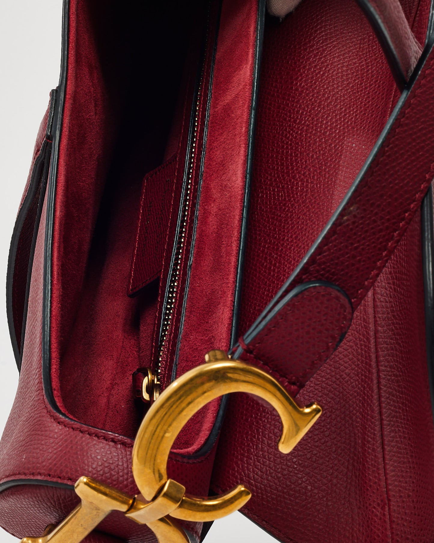 Dior Dark Red Grained Calfskin Leather Medium Saddle Bag GHW with Embroidered Guitar Strap