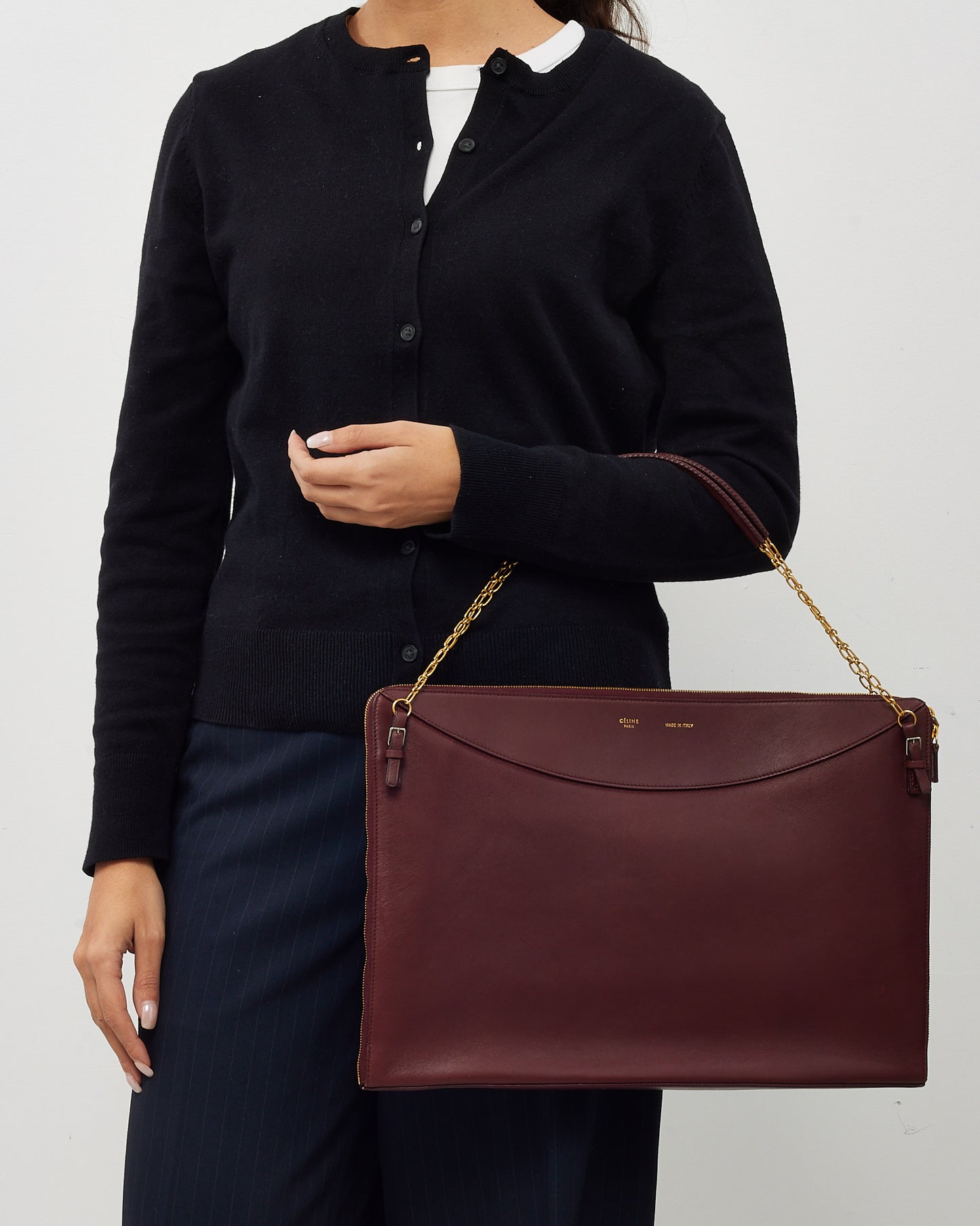 Celine Maroon Calfskin Leather Large Flat Zip Around Chain Shoulder Bag