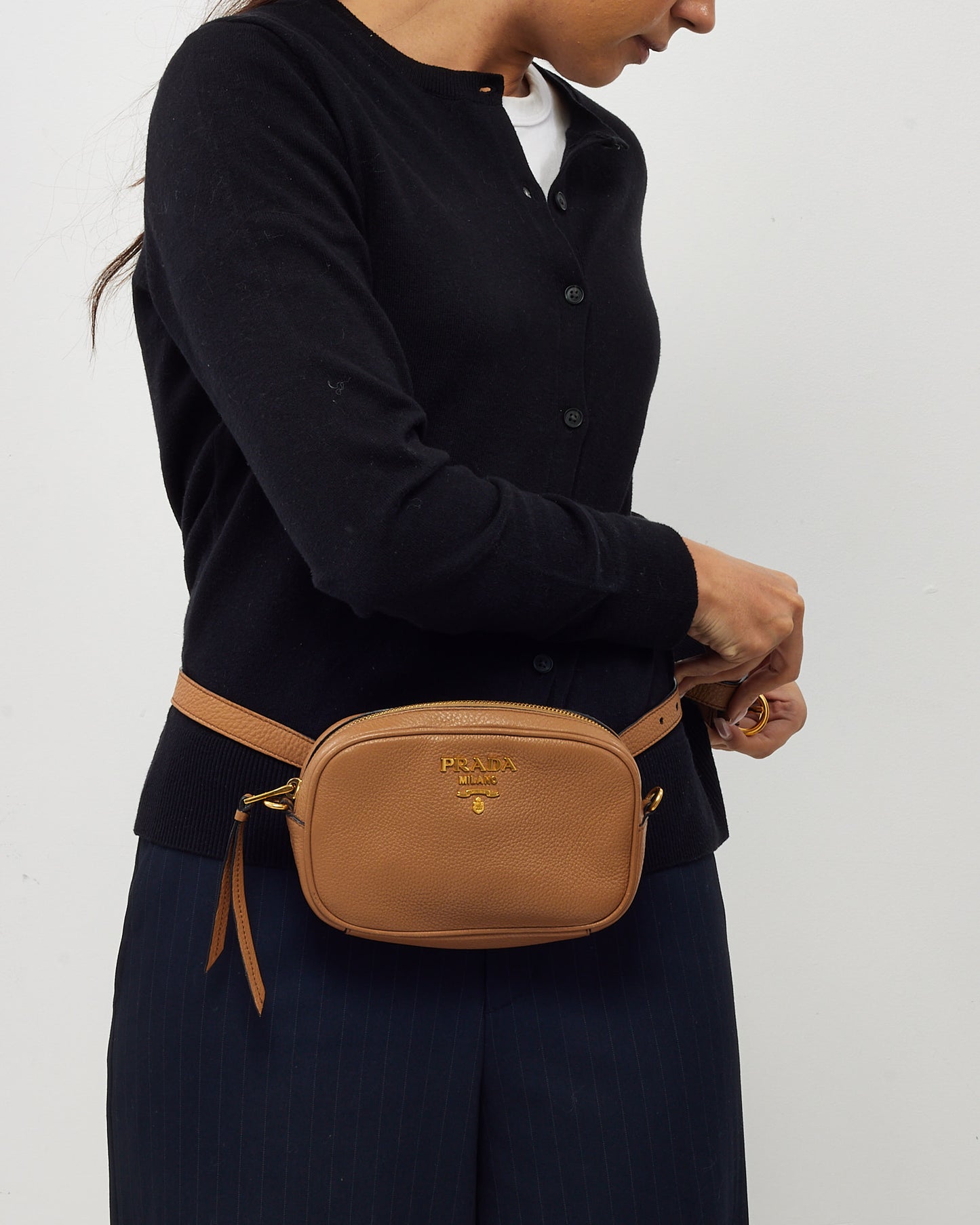 Prada Camel Brown Daino Leather 2Way Belt Bag and Crossbody 1BL007