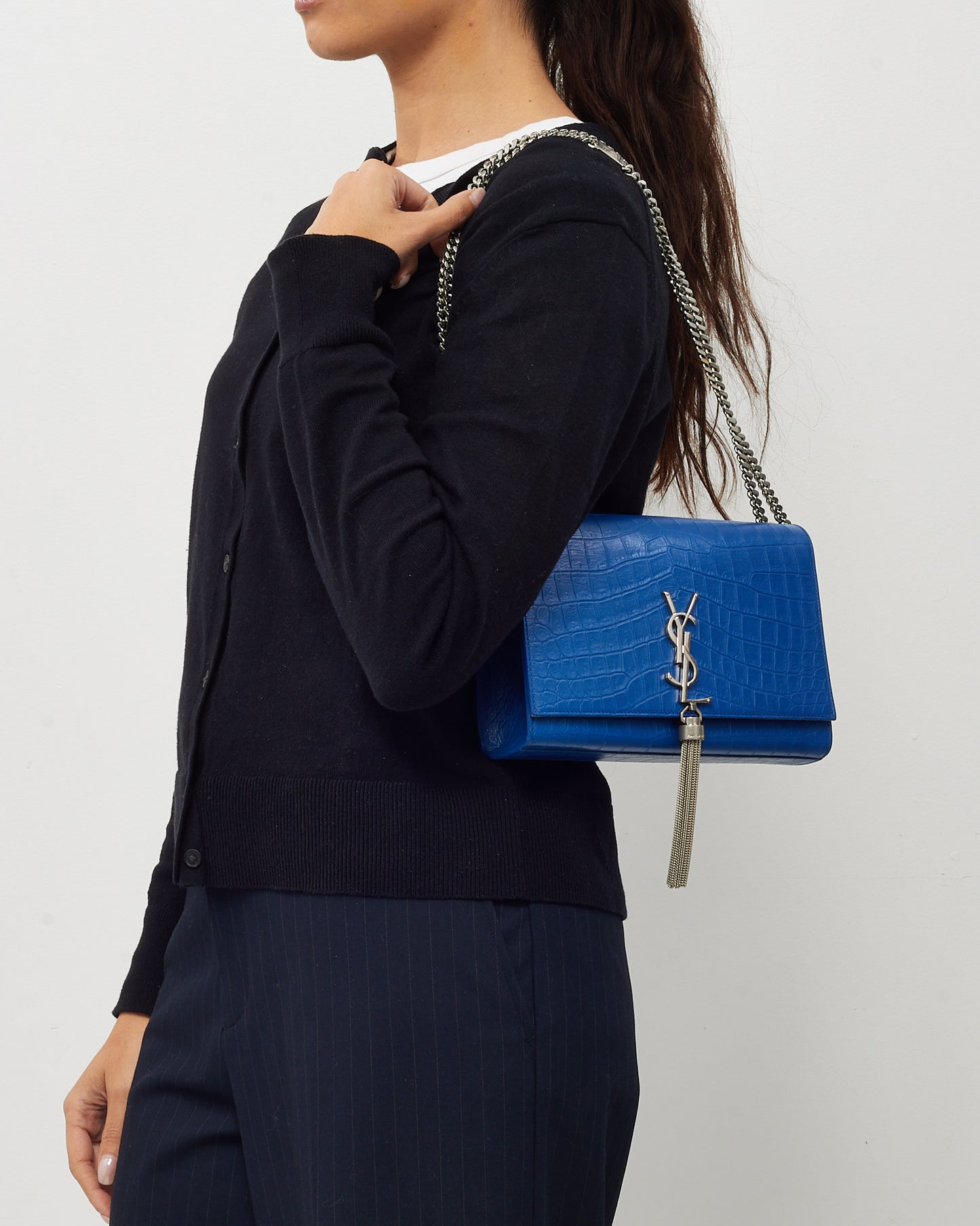 Saint Laurent Blue Croc Embossed SHW YSL Medium Kate Tassel Crossbody Bag
