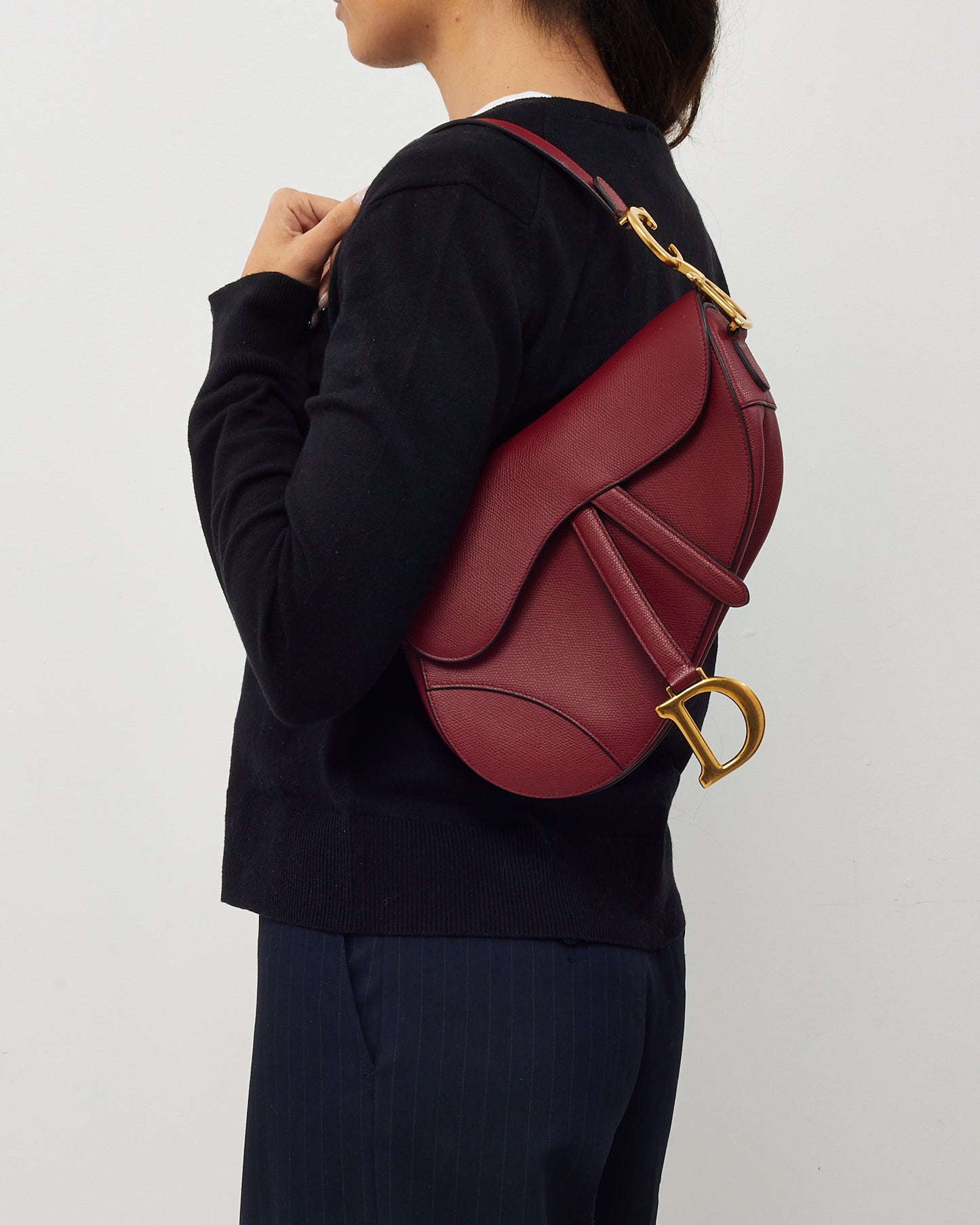 Dior Dark Red Grained Calfskin Leather Medium Saddle Bag GHW with Embroidered Guitar Strap