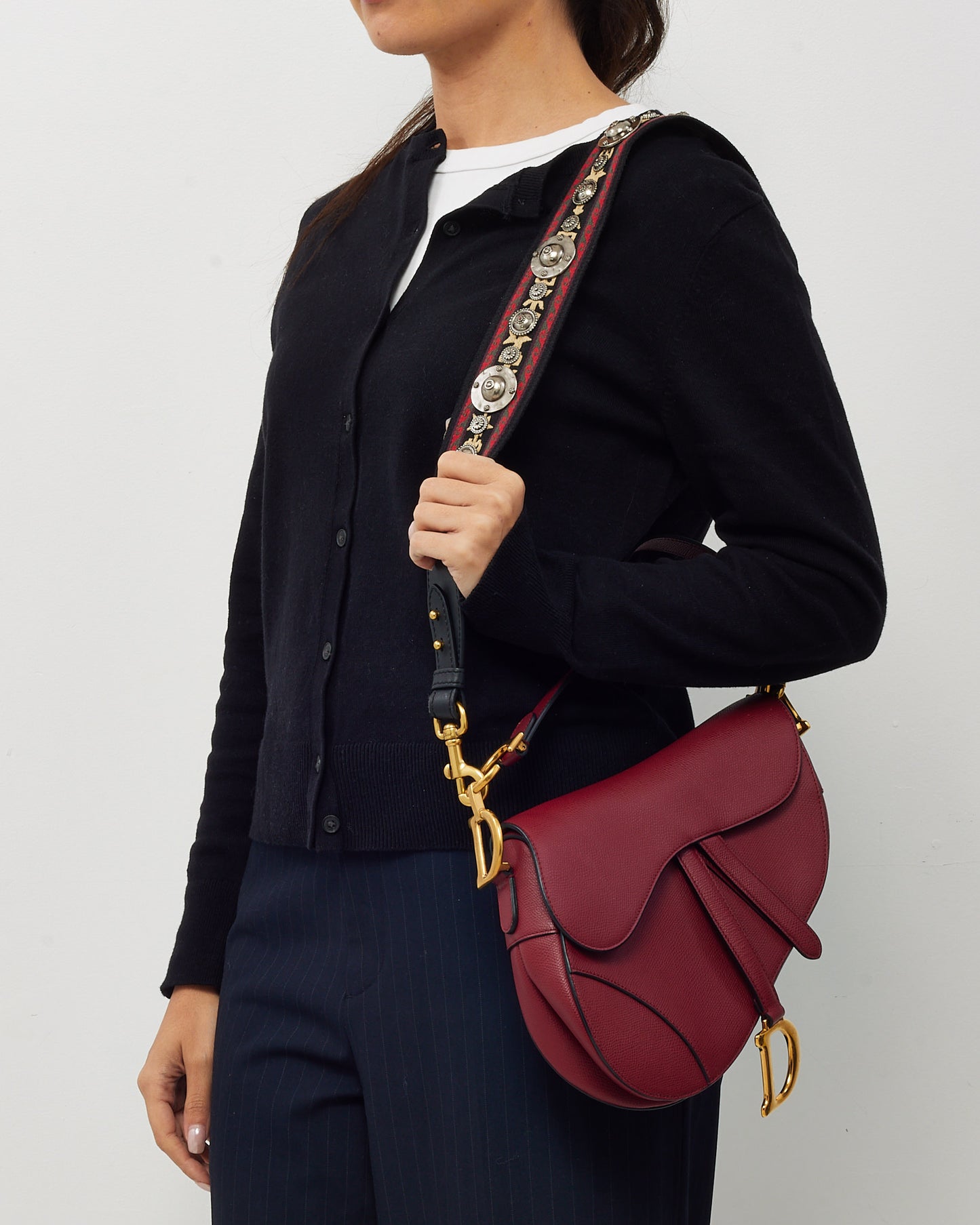 Dior Dark Red Grained Calfskin Leather Medium Saddle Bag GHW with Embroidered Guitar Strap