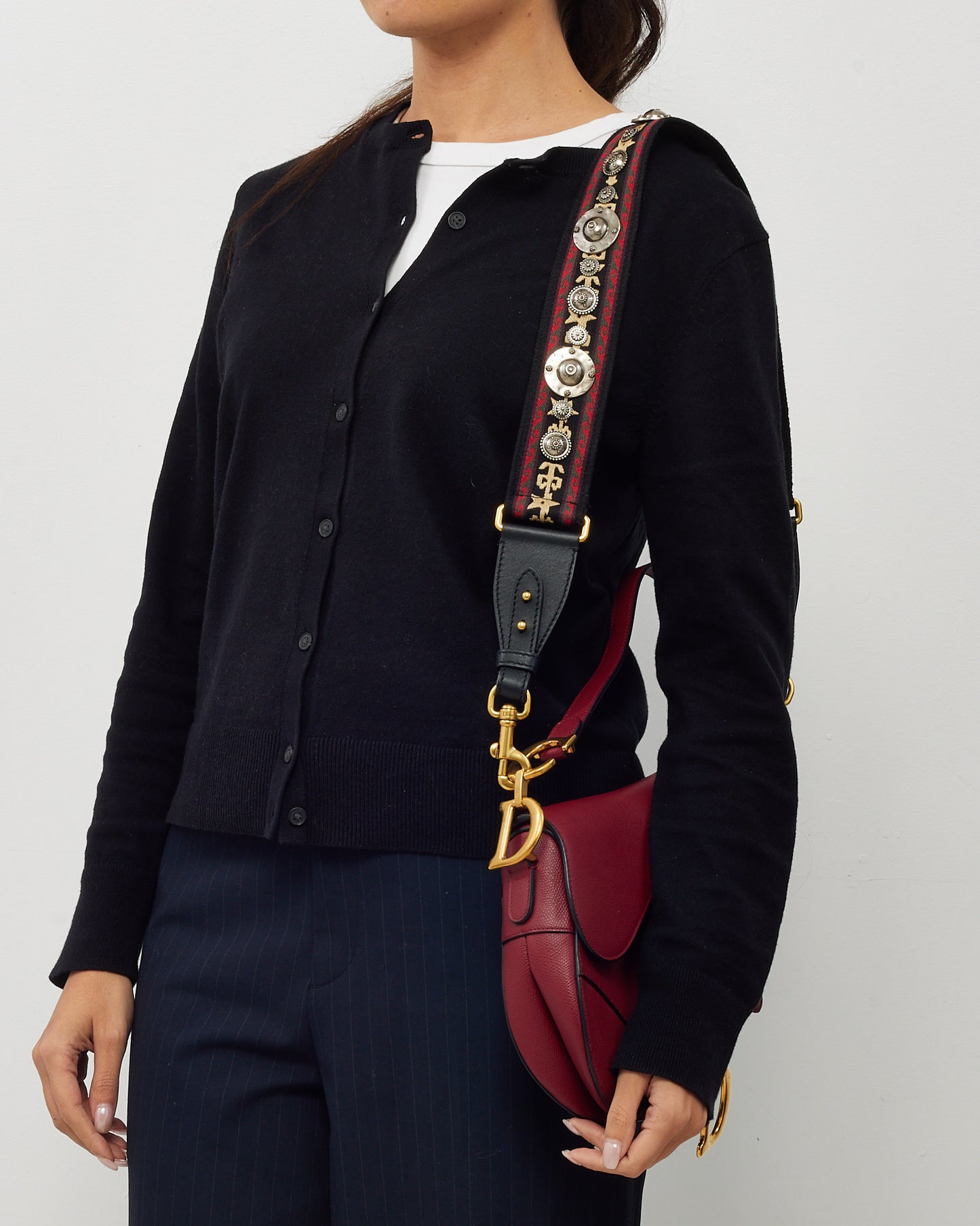 Dior Dark Red Grained Calfskin Leather Medium Saddle Bag GHW with Embroidered Guitar Strap