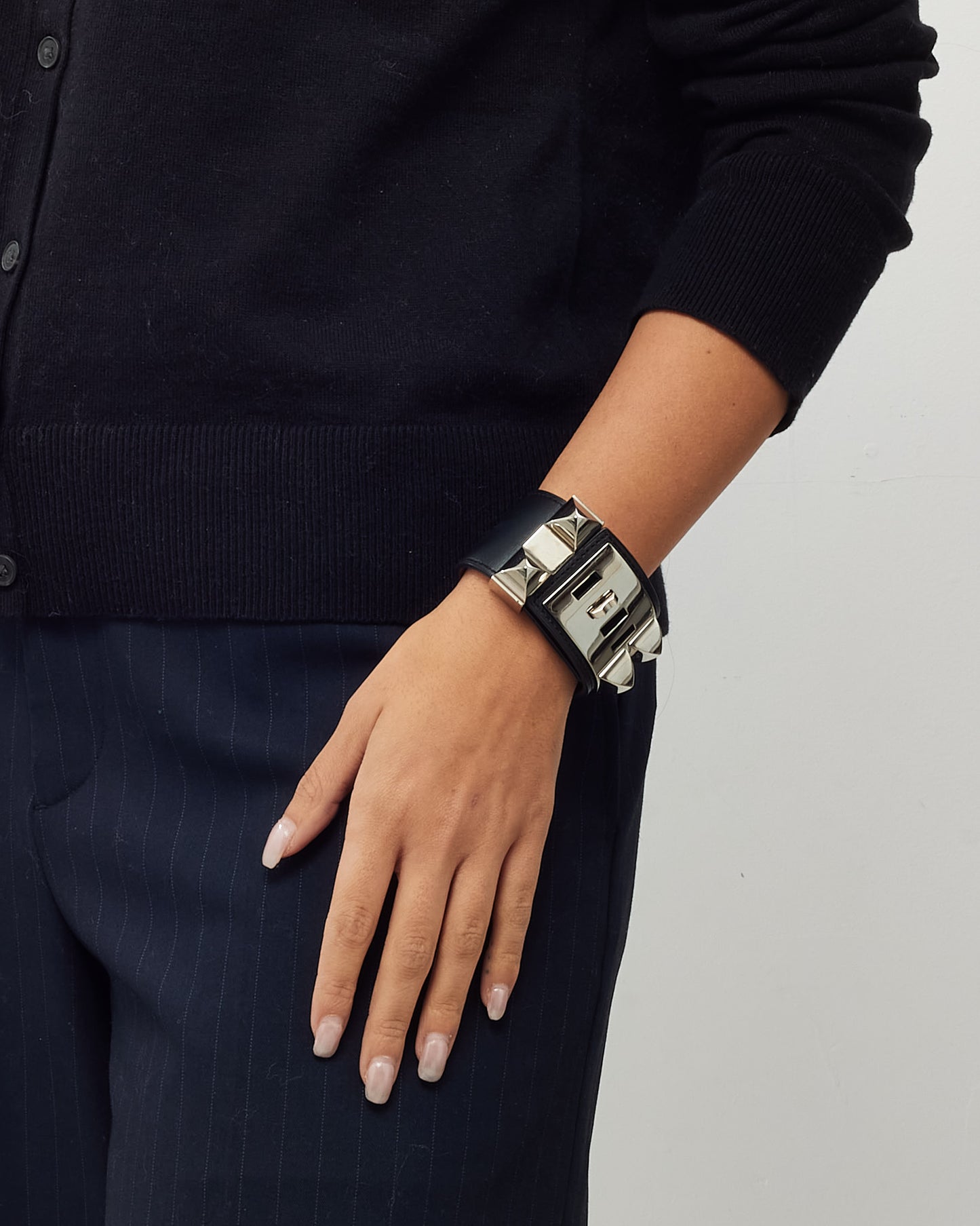 Hermès Black Leather SHW CDC Collier de Chien Bracelet - S