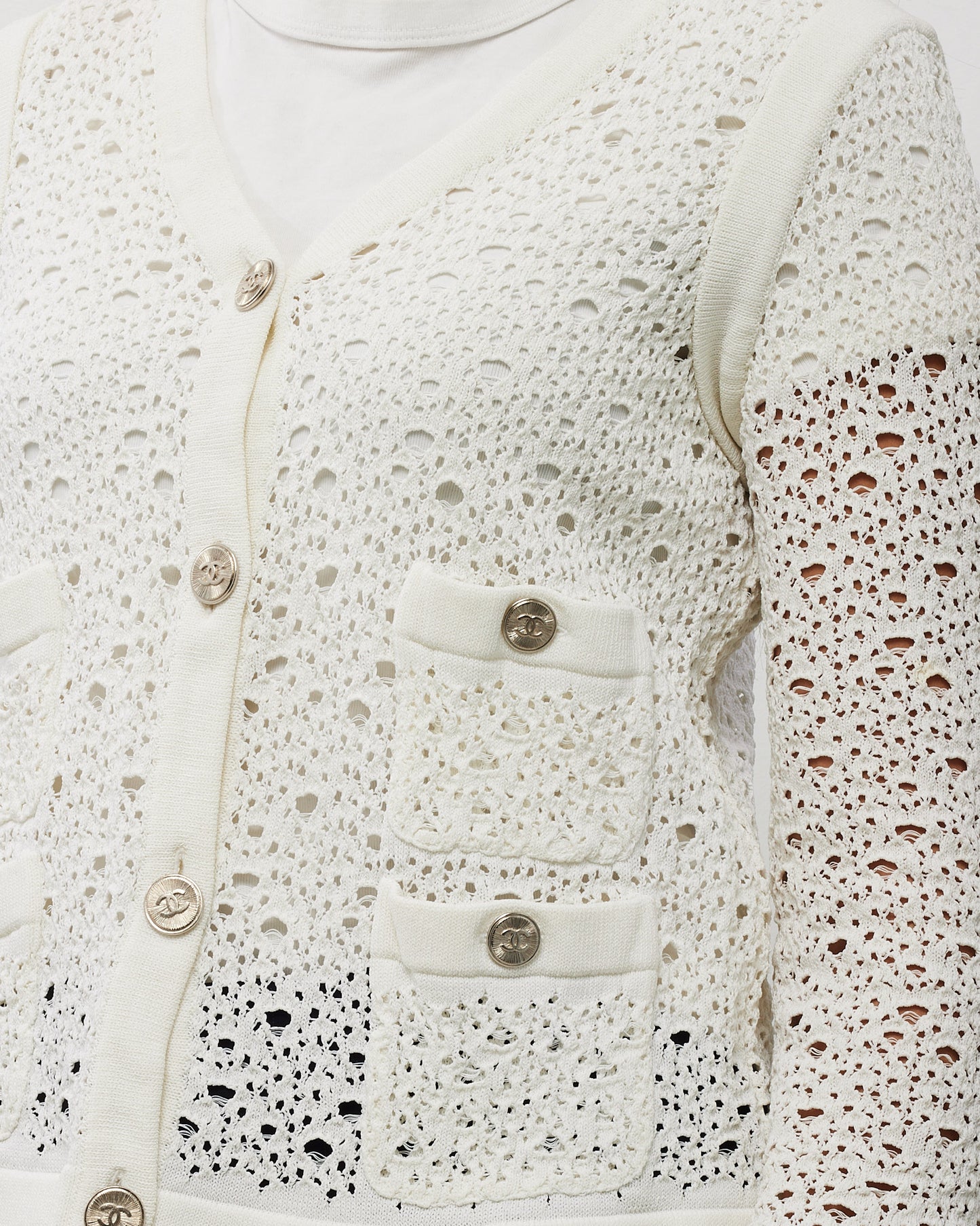 Chanel White Perforated Crochet Knit CC Logo Button Cardigan Sweater - 40