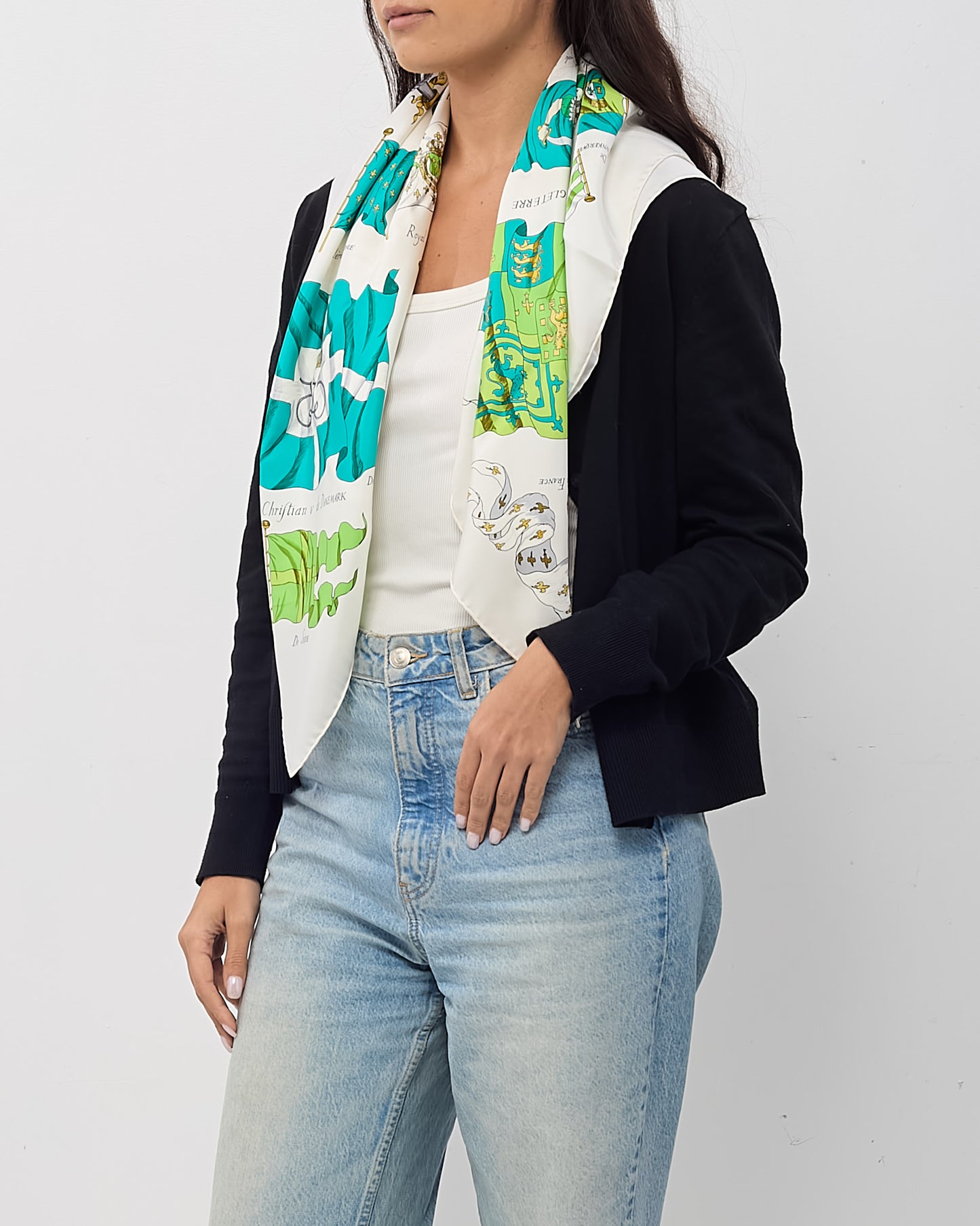 Hermès White/Green/Blue Multi "Cornette De La Galere Patronne de France" Silk Printed 90cm Scarf
