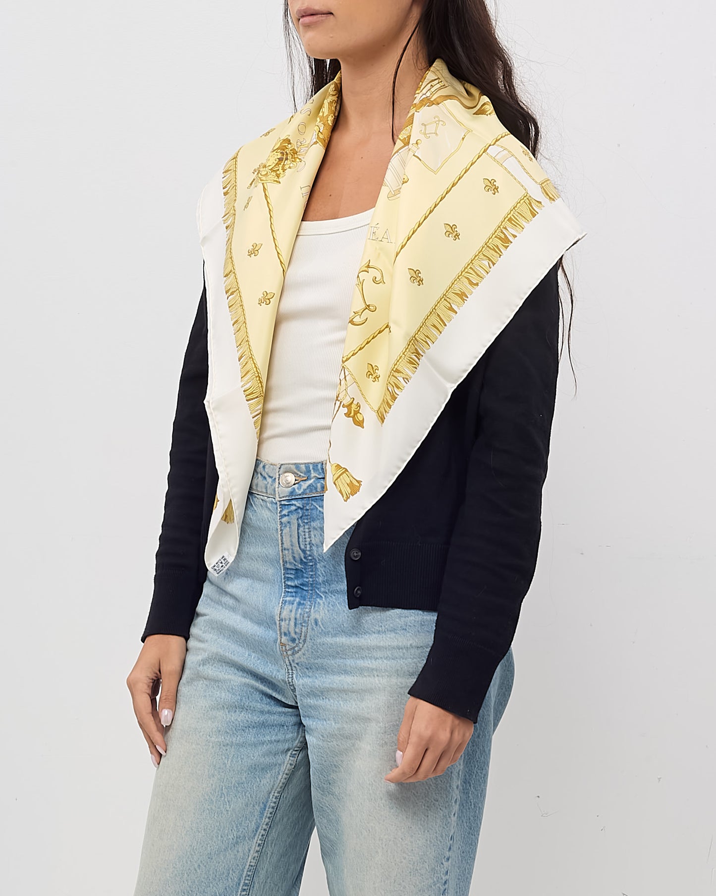 Hermès White/Yellow/Gold Multi "Vue du Carrosse La Galère La Réale" Silk Printed 90cm Scarf