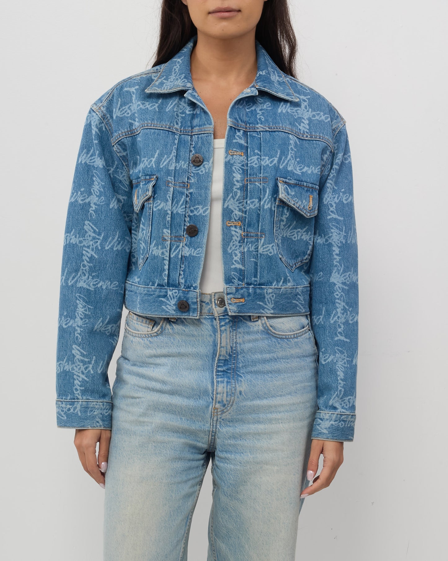 Vivienne Westwood Blue Denim Logo Cropped Marlene Jean Jacket - M