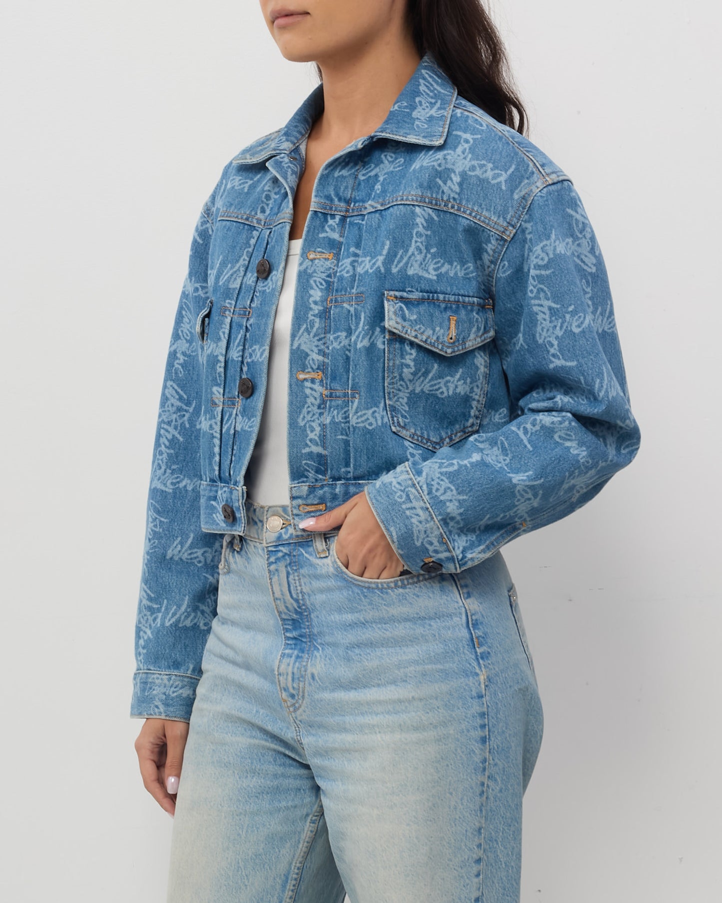 Vivienne Westwood Blue Denim Logo Cropped Marlene Jean Jacket - M