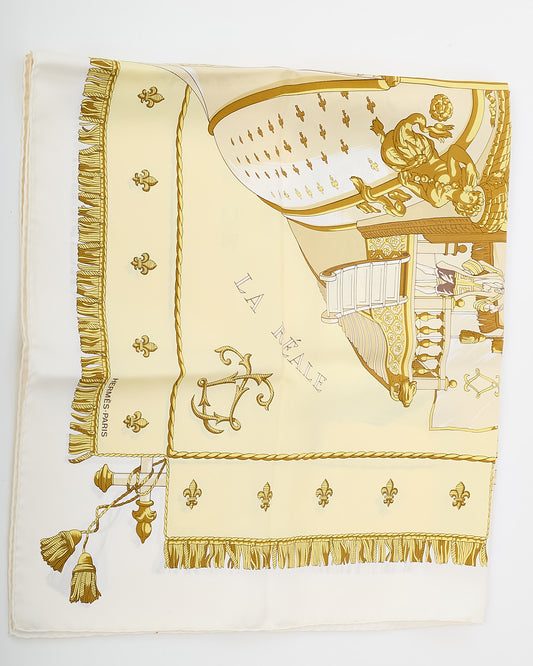 Hermès White/Yellow/Gold Multi "Vue du Carrosse La Galère La Réale" Silk Printed 90cm Scarf