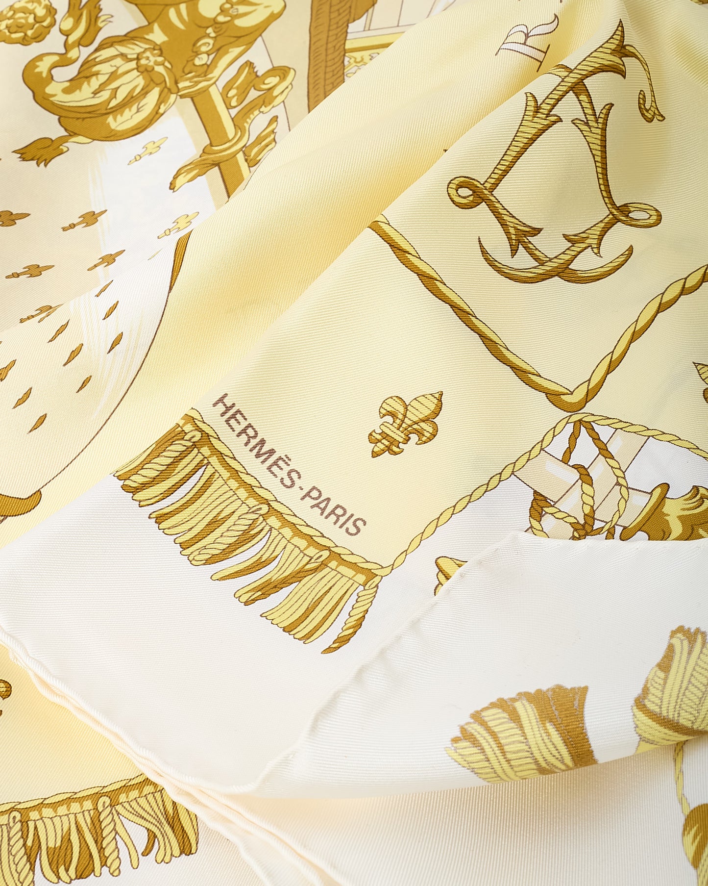 Hermès White/Yellow/Gold Multi "Vue du Carrosse La Galère La Réale" Silk Printed 90cm Scarf