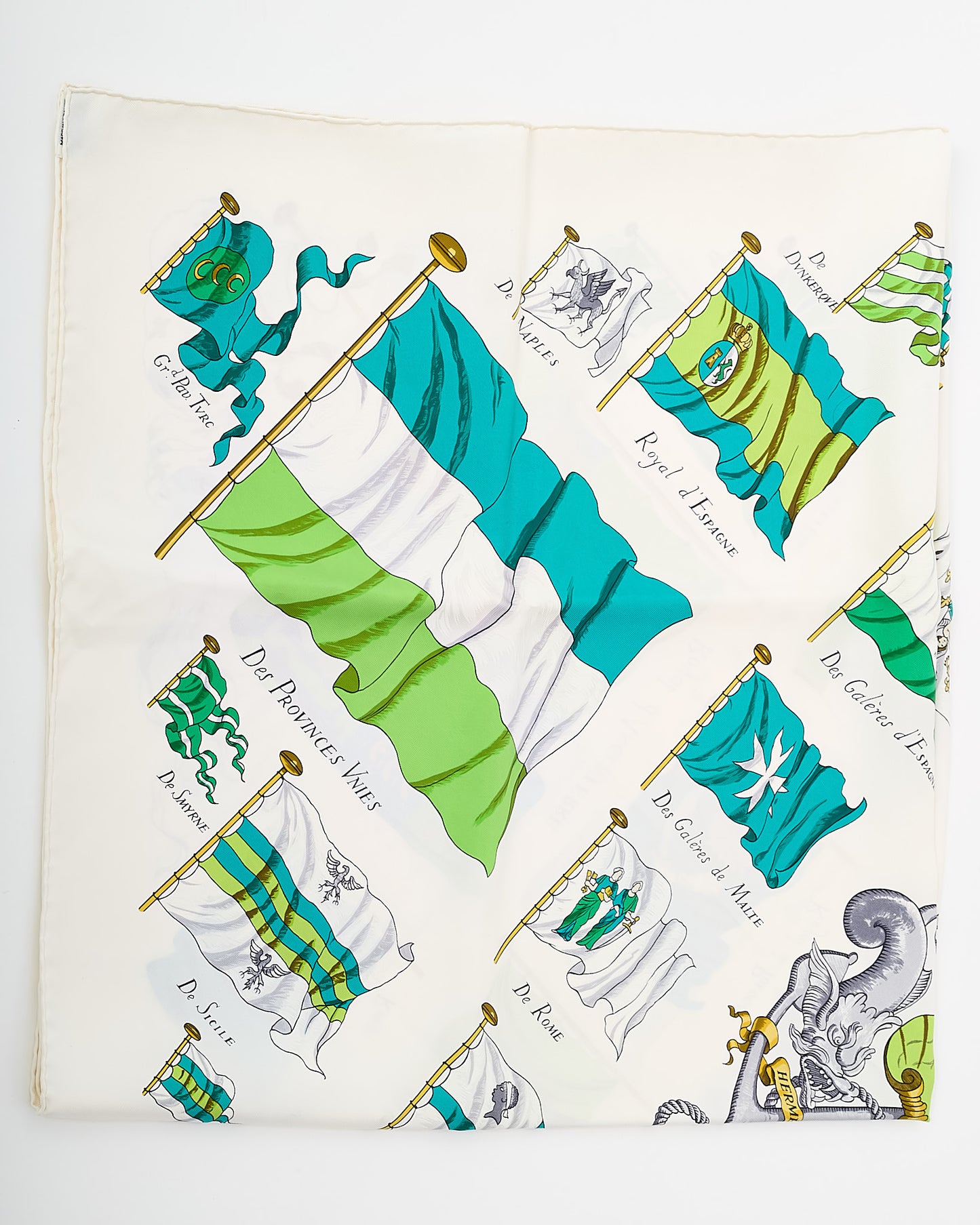 Hermès White/Green/Blue Multi "Cornette De La Galere Patronne de France" Silk Printed 90cm Scarf