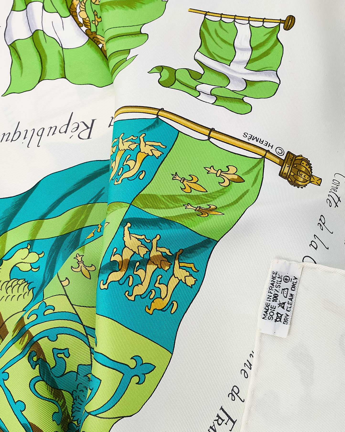 Hermès White/Green/Blue Multi "Cornette De La Galere Patronne de France" Silk Printed 90cm Scarf
