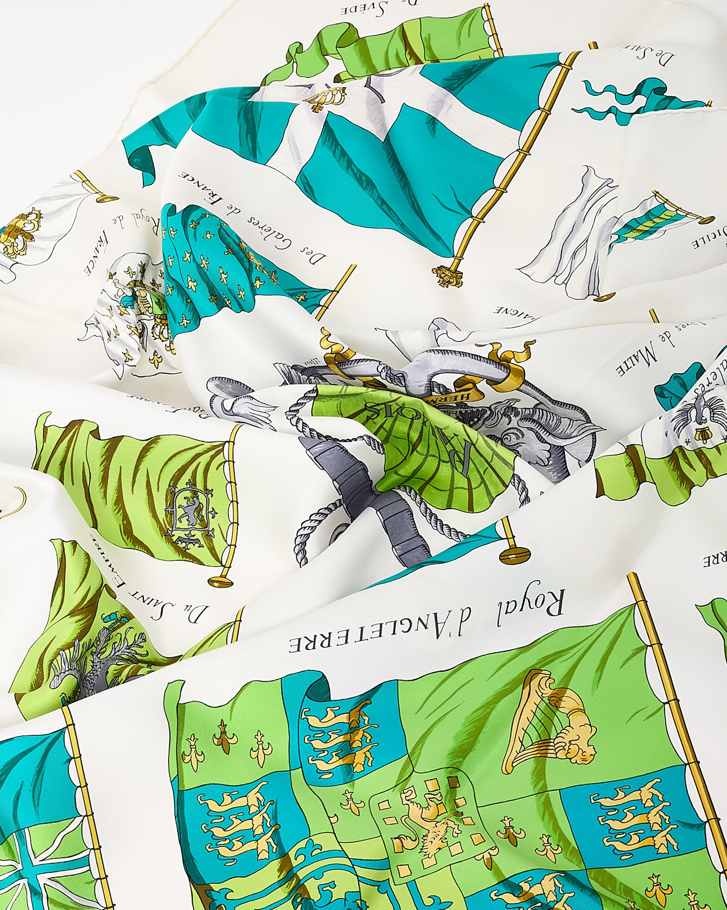 Hermès White/Green/Blue Multi "Cornette De La Galere Patronne de France" Silk Printed 90cm Scarf