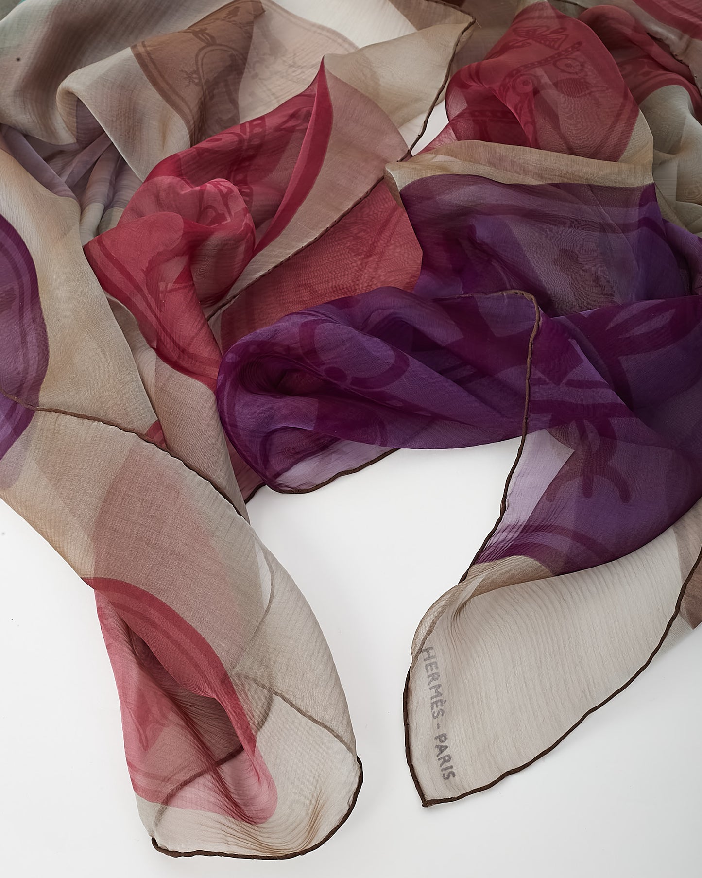 Hermès Brown/Purple/Green/Pink Ex-Libris Logo Silk Mousseline Shawl Scarf