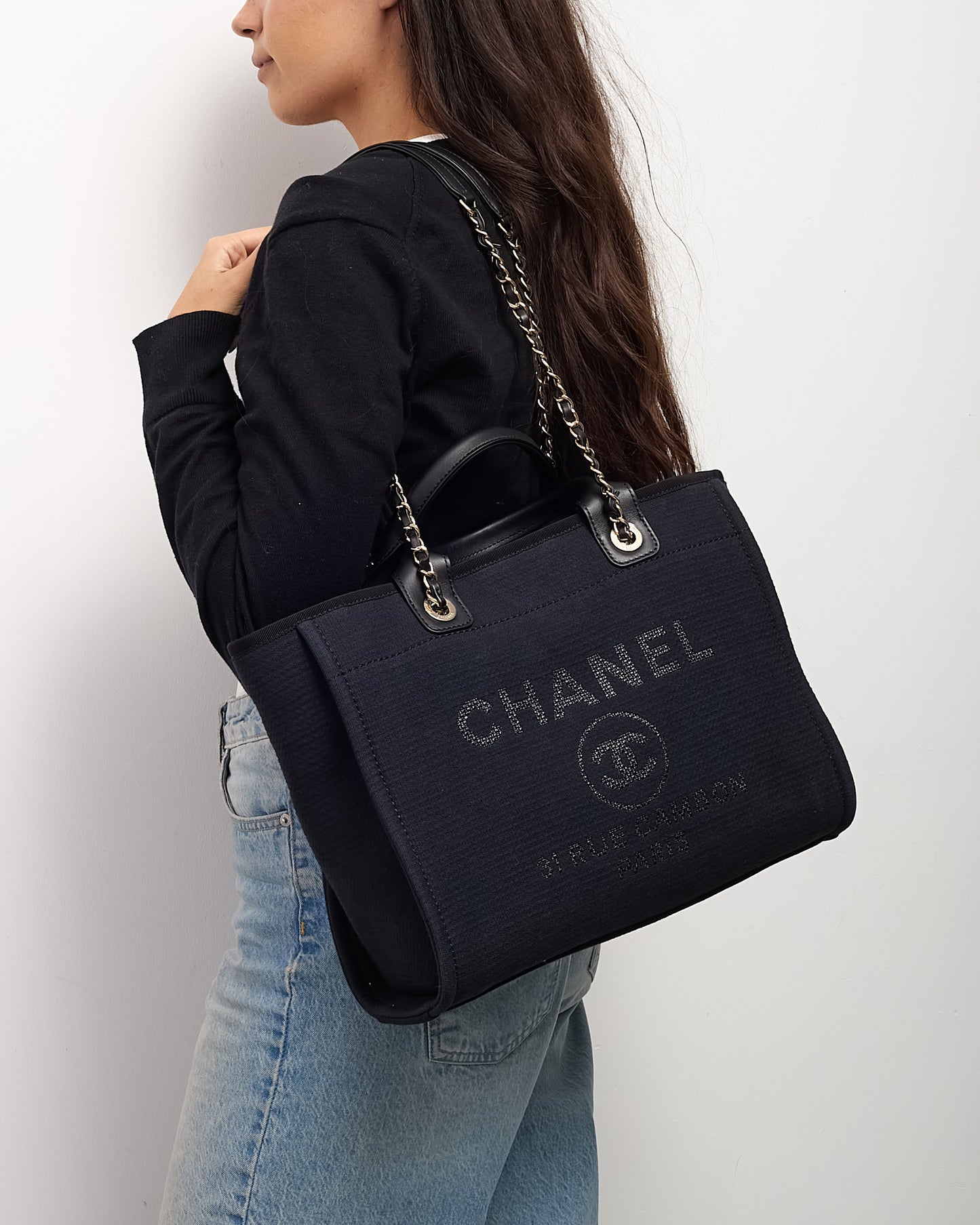 Chanel Black Mixed Fibers Chanel Logo Small Deauville Tote CHW