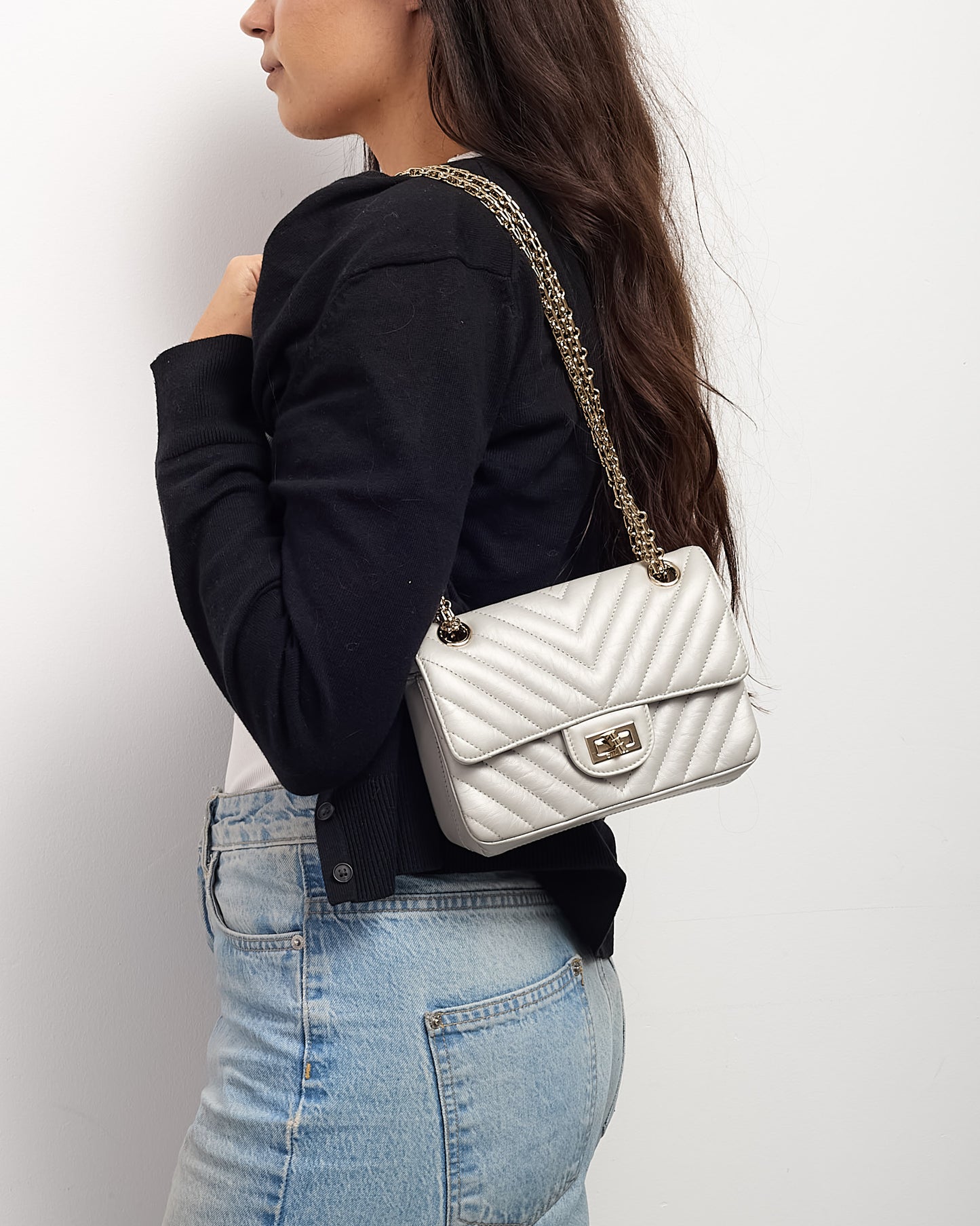 Chanel Silver Grey Chevron Leather Re-Issue 224 Mini Flap Bag CHW