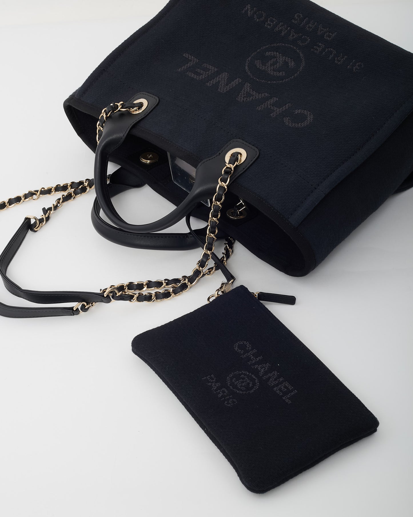 Chanel Black Mixed Fibers Chanel Logo Small Deauville Tote CHW