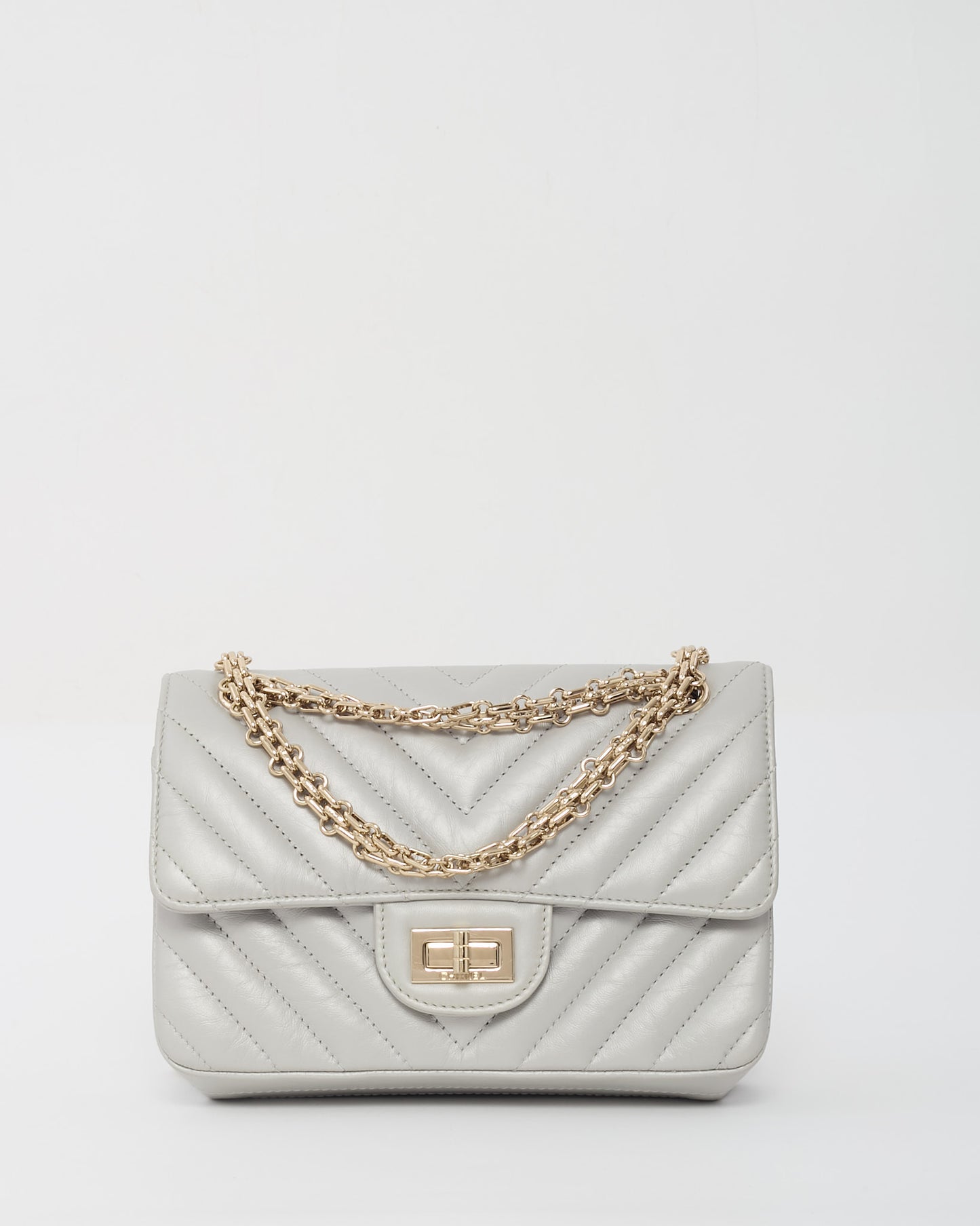 Chanel Silver Grey Chevron Leather Re-Issue 224 Mini Flap Bag CHW