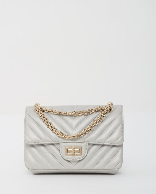 Chanel Silver Grey Chevron Leather Re-Issue 224 Mini Flap Bag CHW