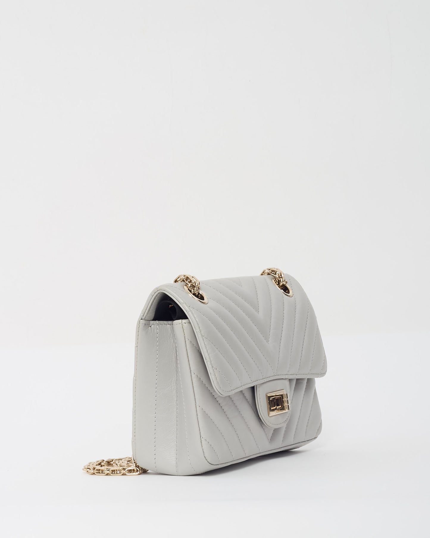 Chanel Silver Grey Chevron Leather Re-Issue 224 Mini Flap Bag CHW