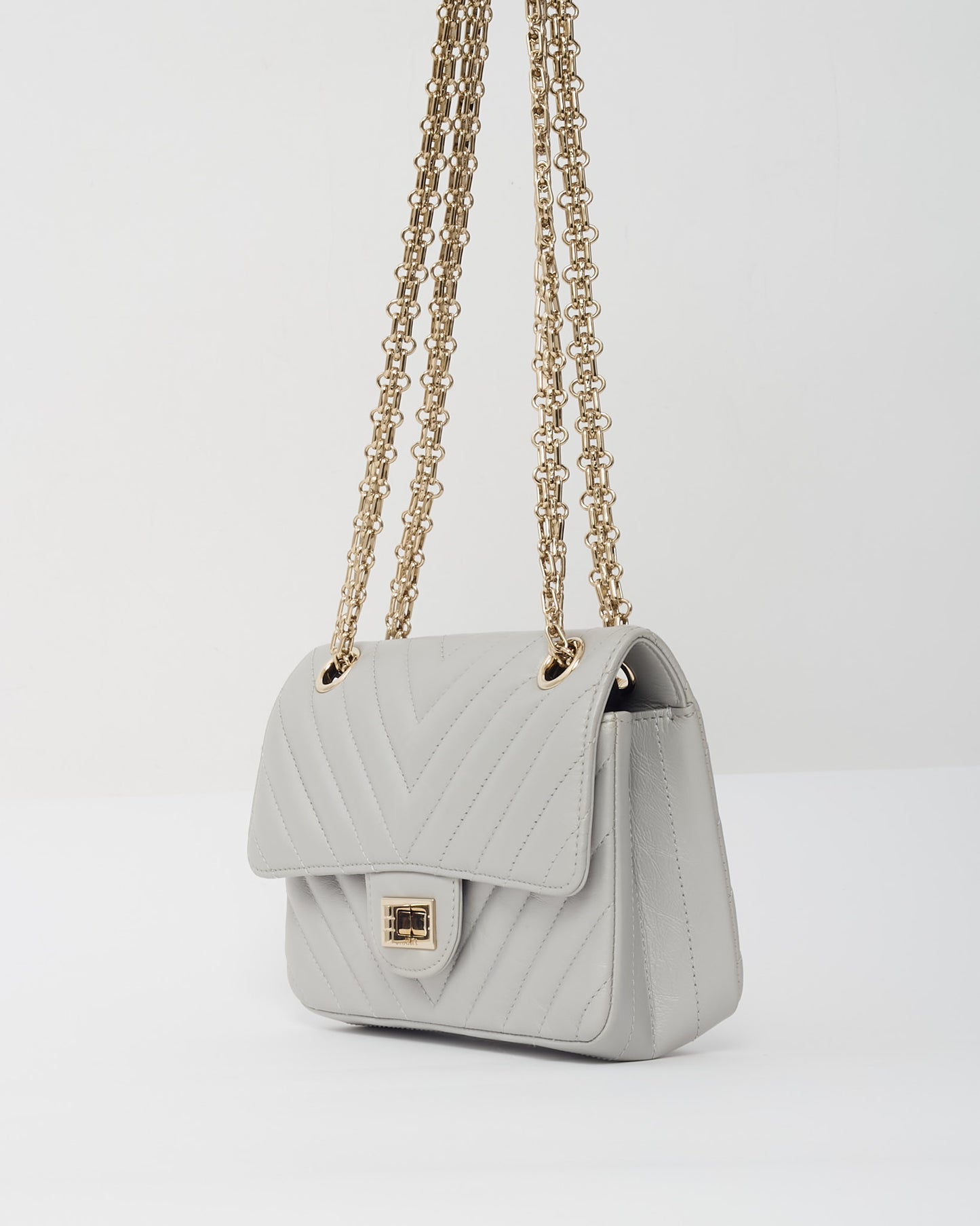 Chanel Silver Grey Chevron Leather Re-Issue 224 Mini Flap Bag CHW