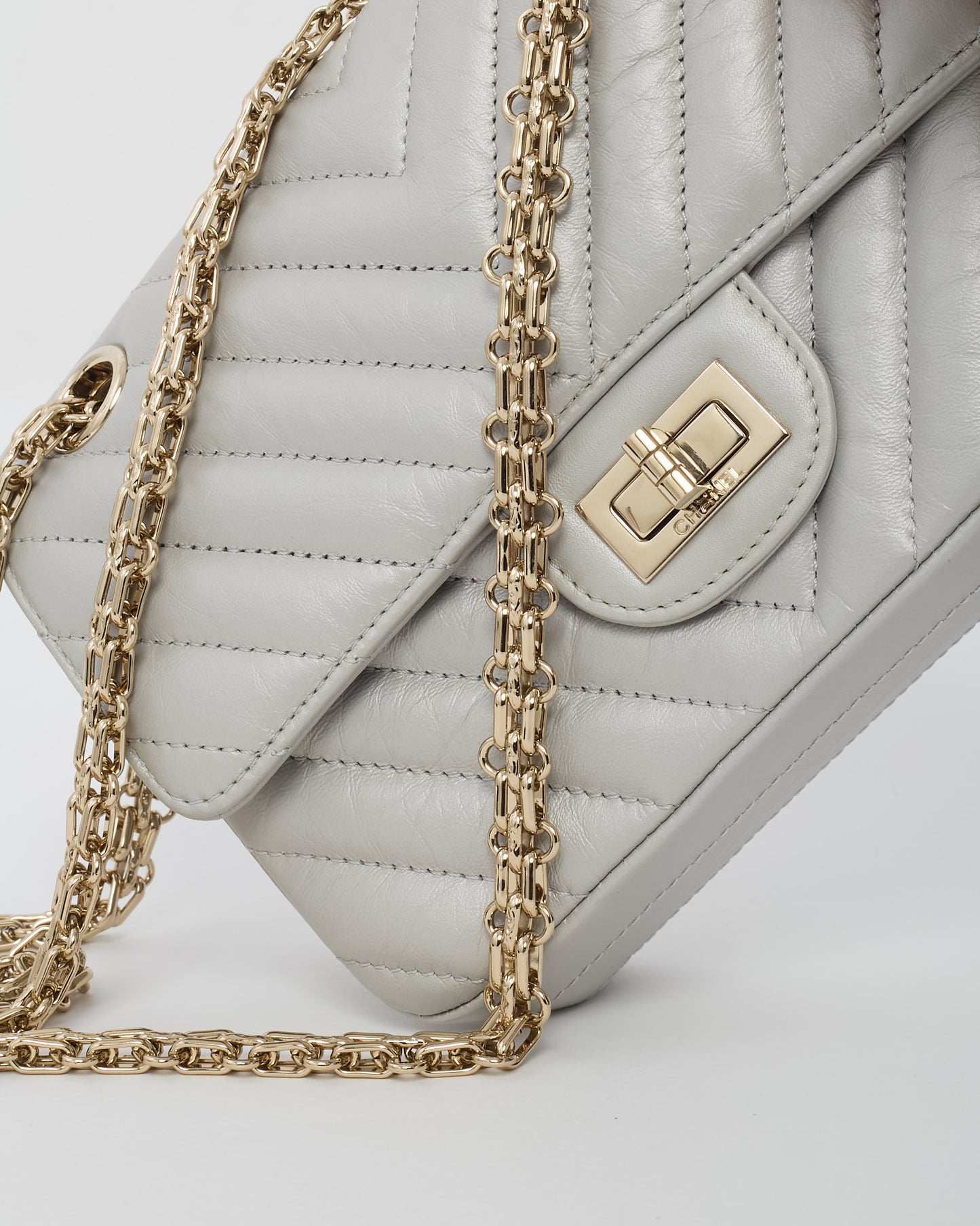 Chanel Silver Grey Chevron Leather Re-Issue 224 Mini Flap Bag CHW
