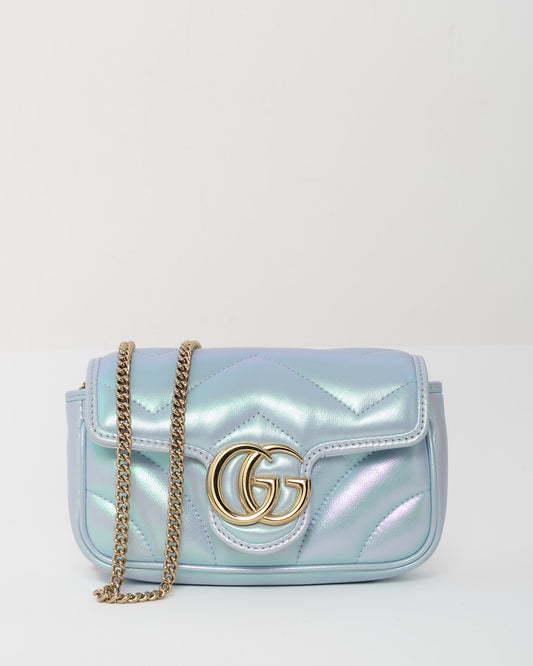 Gucci Metallic Blue Matelassé Chevron Leather GG Marmont Mini Crossbody Bag GHW