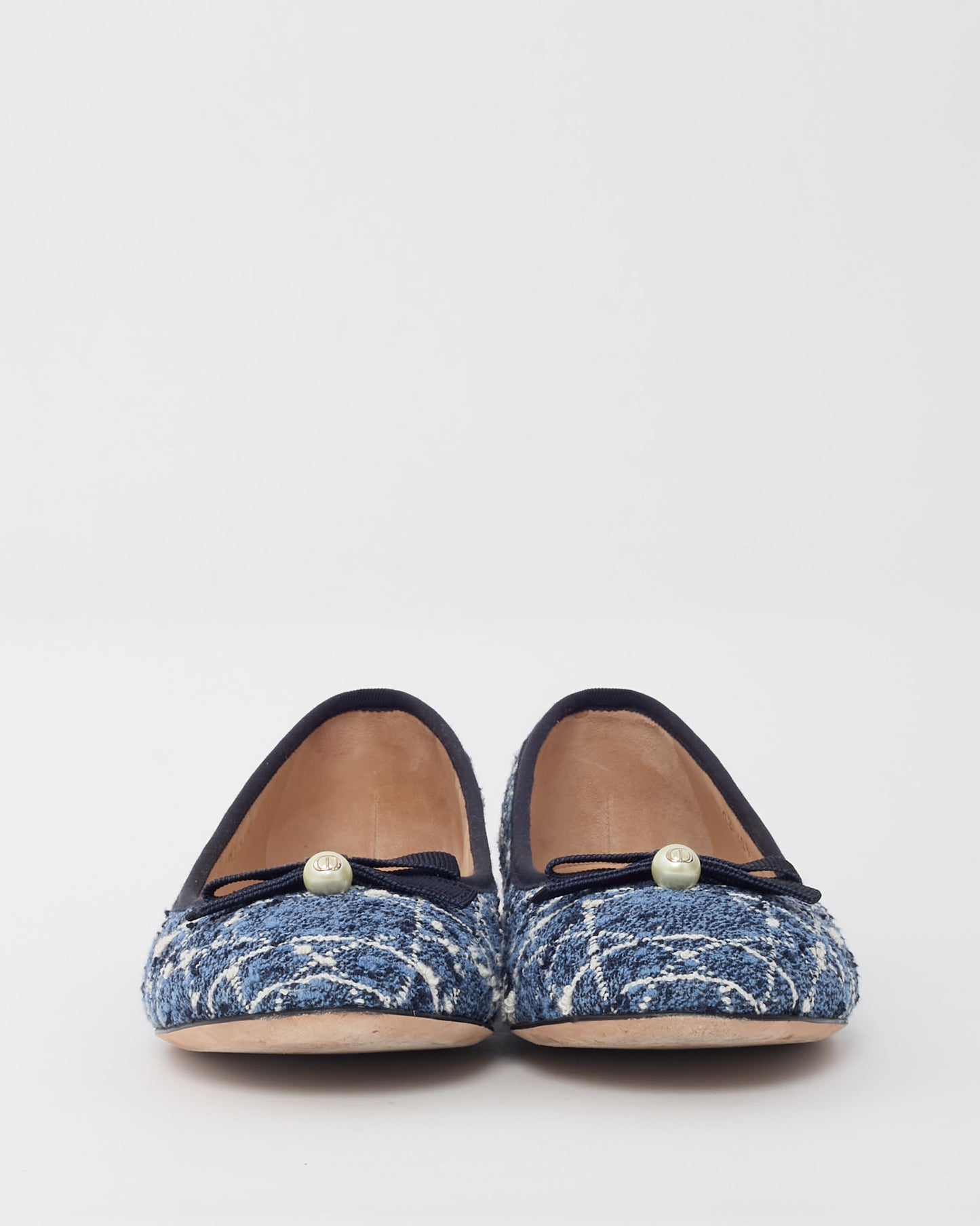 Dior Blue Denim and White Cannage Tweed Pearl Bow Ballet Flats - 40.5