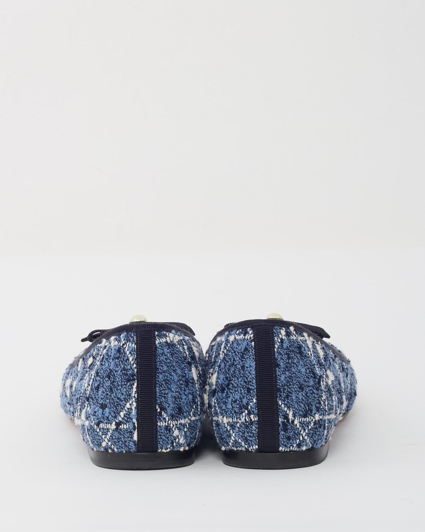 Dior Blue Denim and White Cannage Tweed Pearl Bow Ballet Flats - 40.5