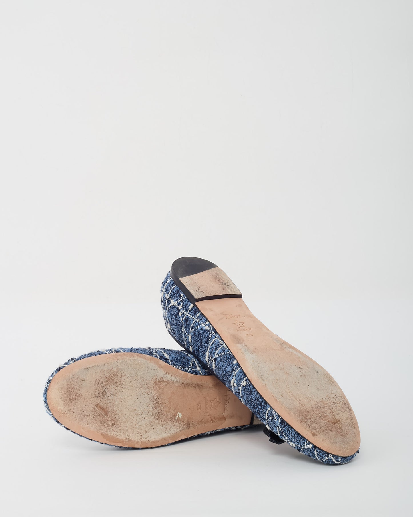Dior Blue Denim and White Cannage Tweed Pearl Bow Ballet Flats - 40.5