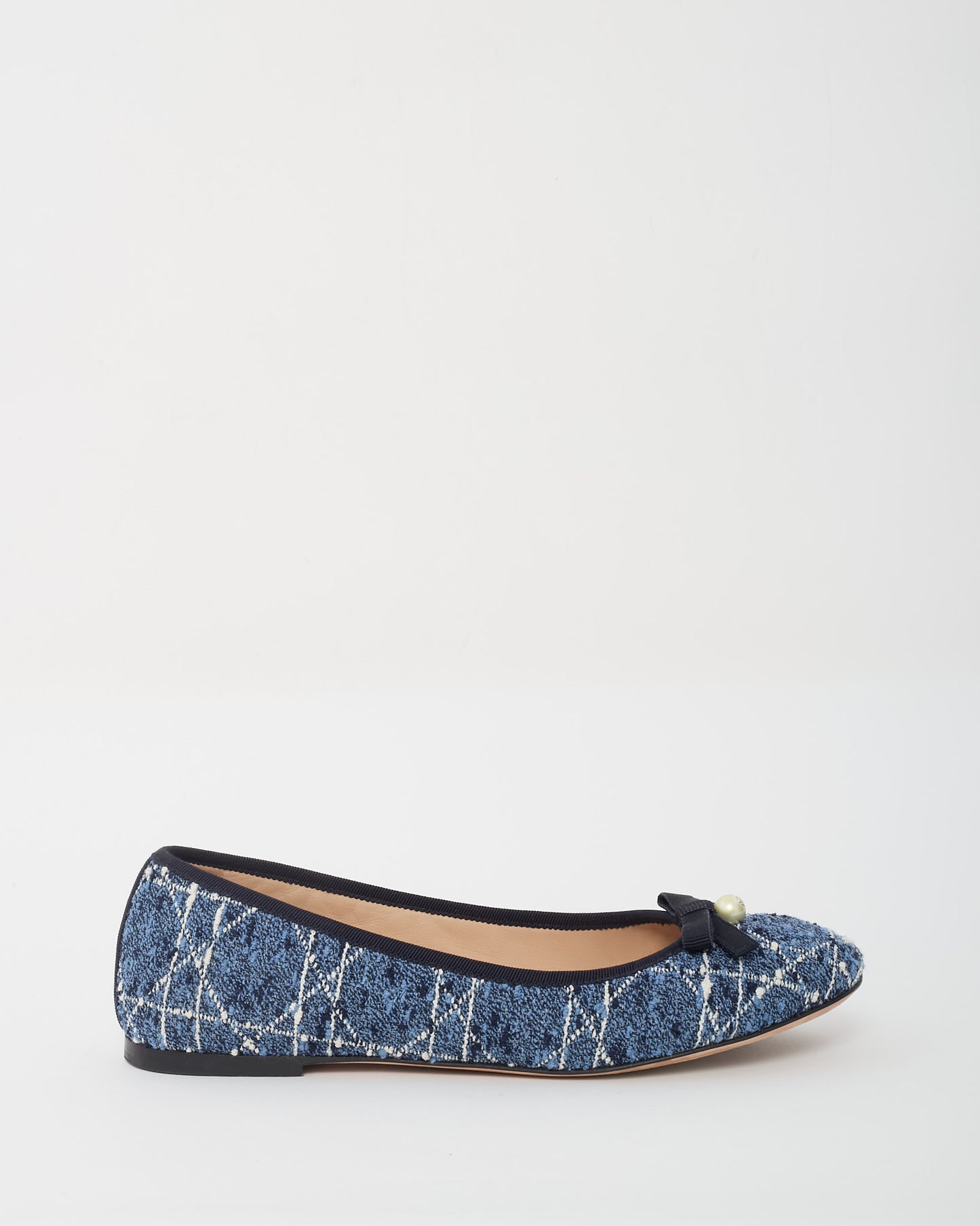 Dior Blue Denim and White Cannage Tweed Pearl Bow Ballet Flats - 40.5