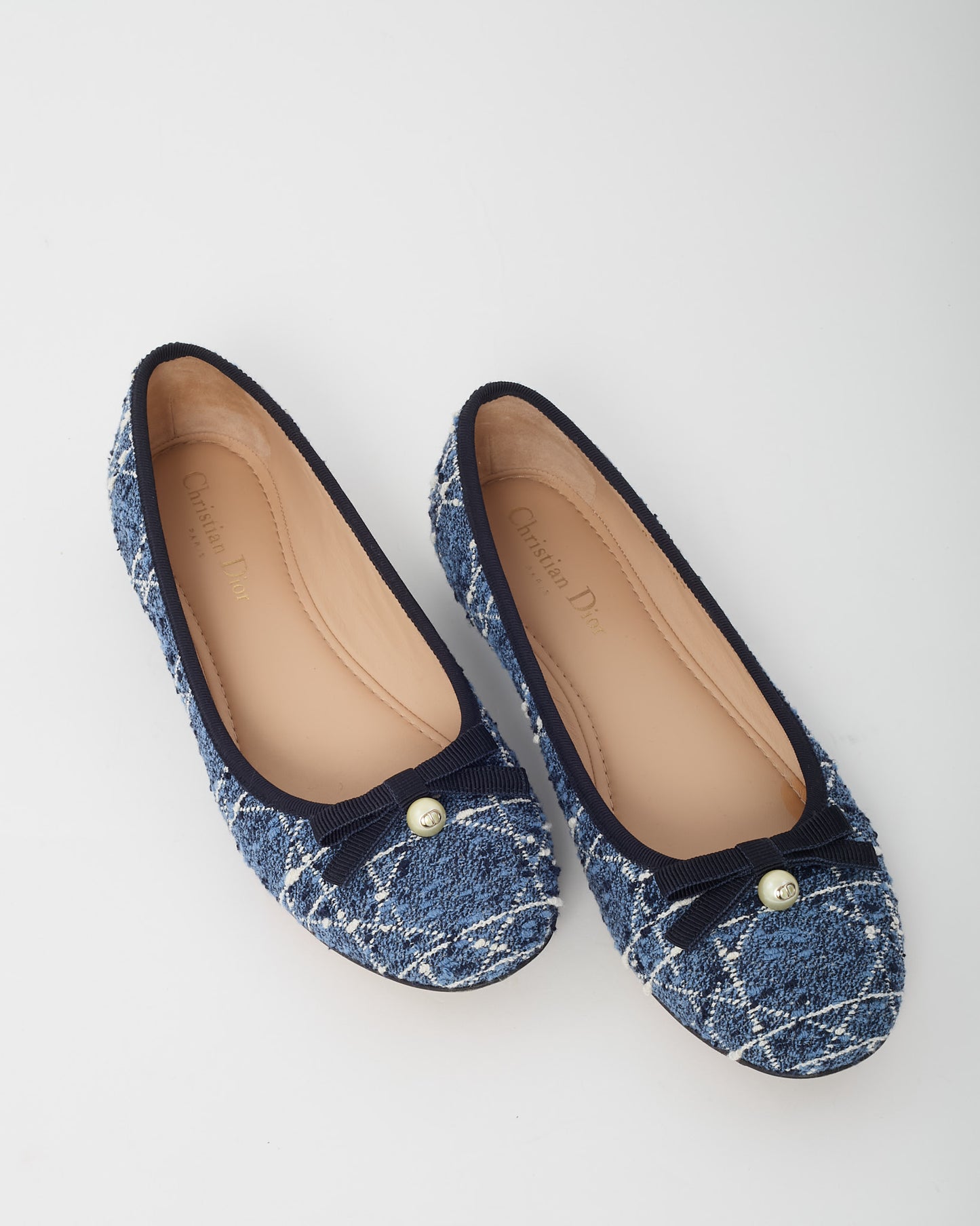 Dior Blue Denim and White Cannage Tweed Pearl Bow Ballet Flats - 40.5