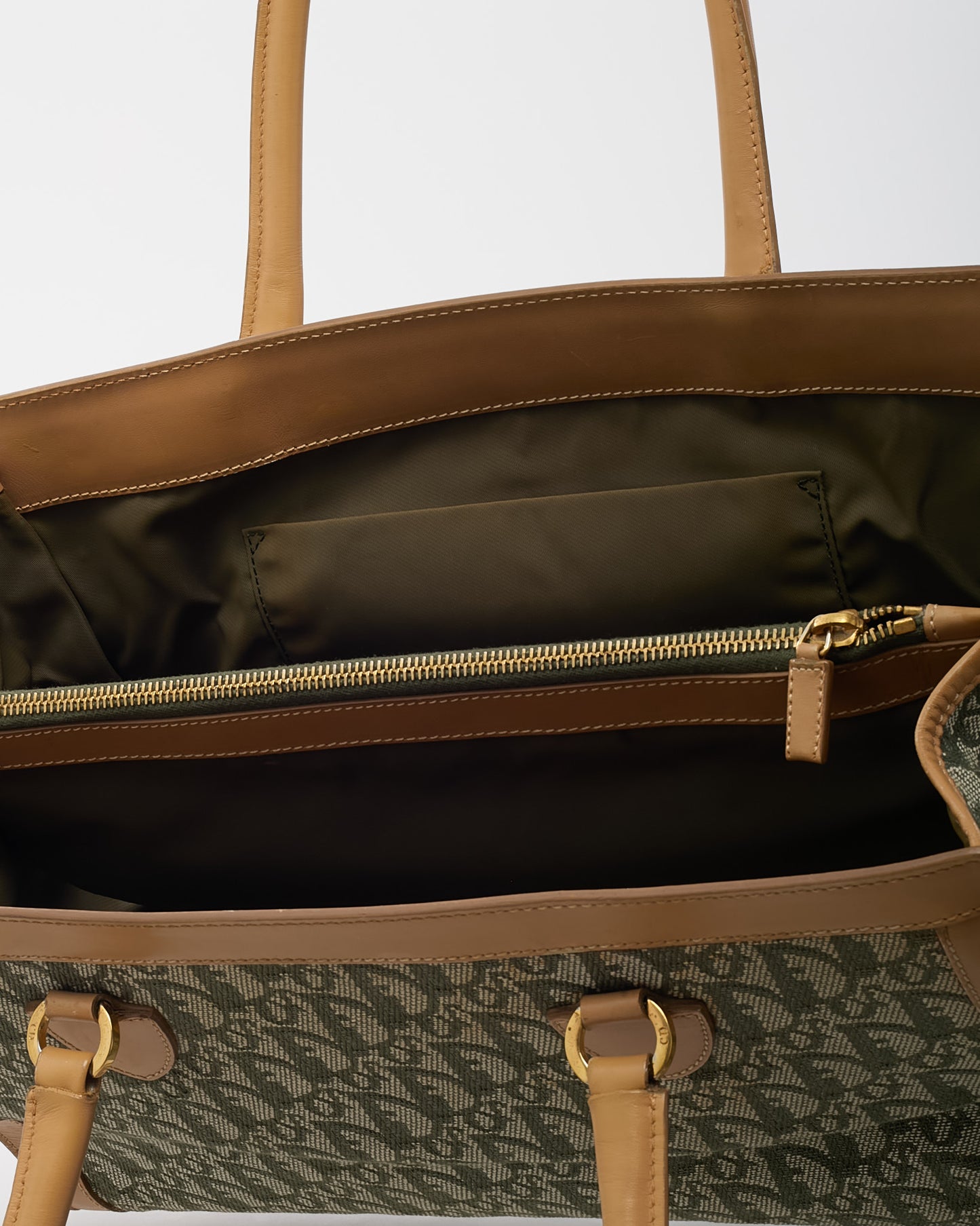 Dior Vintage Beige Leather Khaki Green Diorissimo Monogram Canvas Trotter Double Pocket Tote