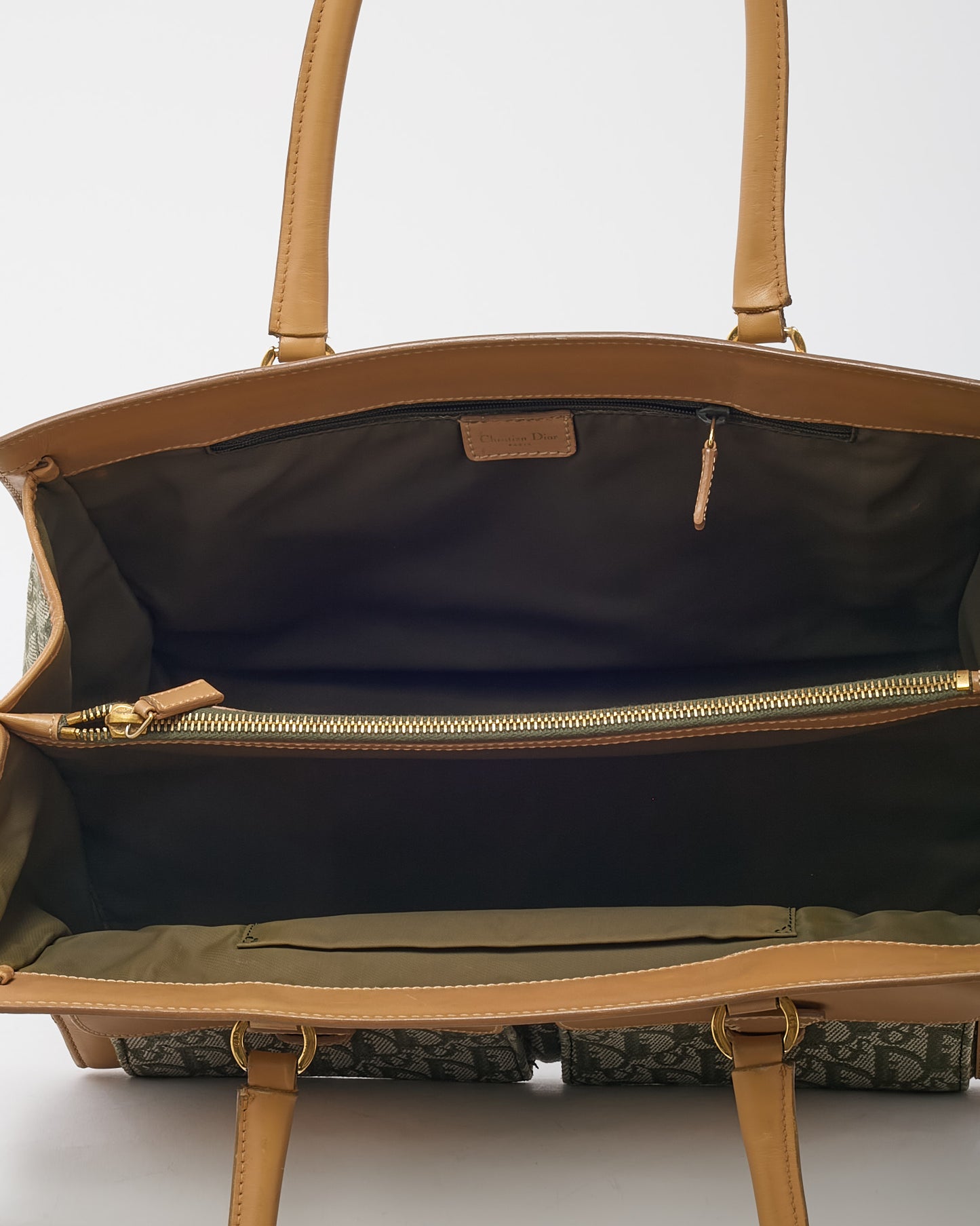 Dior Vintage Beige Leather Khaki Green Diorissimo Monogram Canvas Trotter Double Pocket Tote