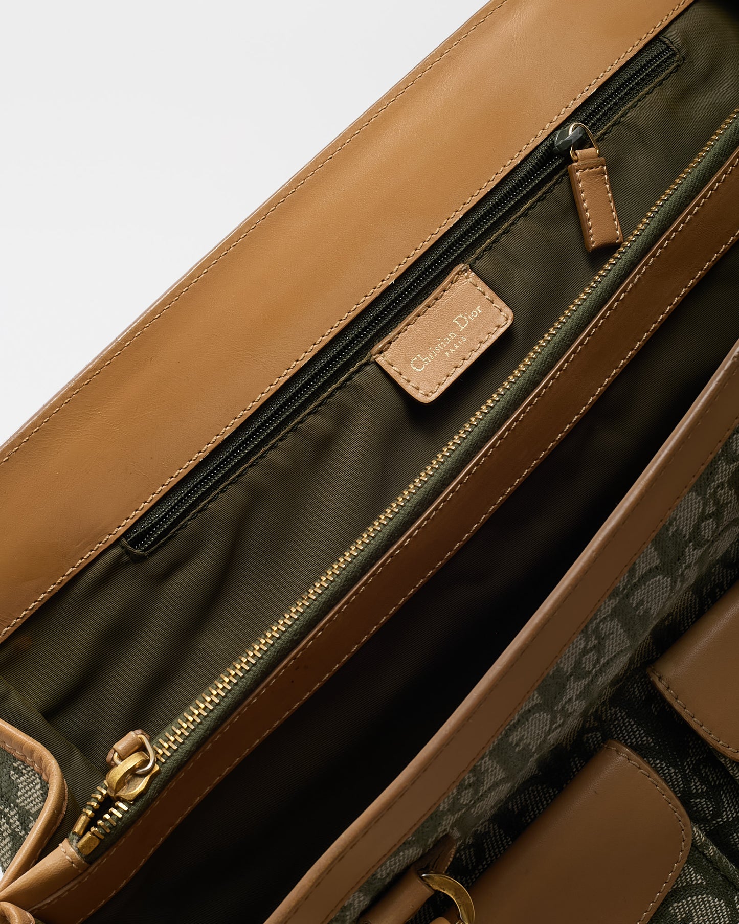 Dior Vintage Beige Leather Khaki Green Diorissimo Monogram Canvas Trotter Double Pocket Tote
