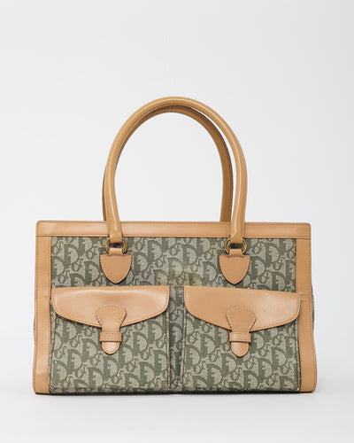 Dior Vintage Beige Leather Khaki Green Diorissimo Monogram Canvas Trotter Double Pocket Tote