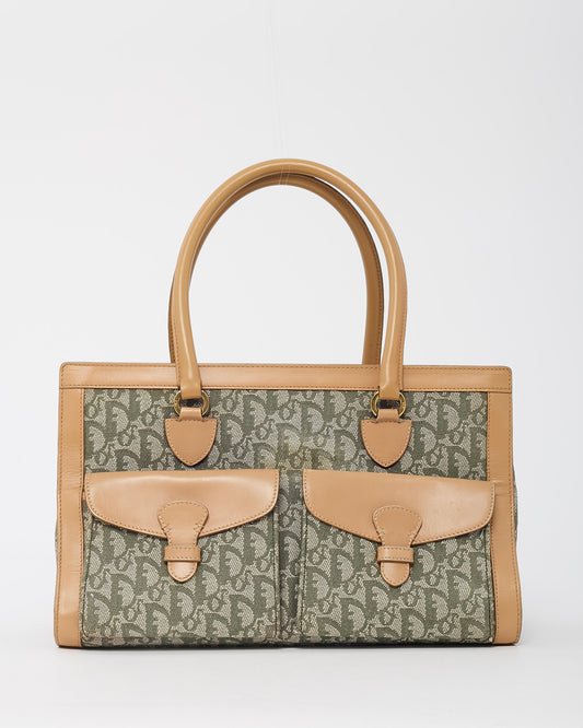 Dior Vintage Beige Leather Khaki Green Diorissimo Monogram Canvas Trotter Double Pocket Tote