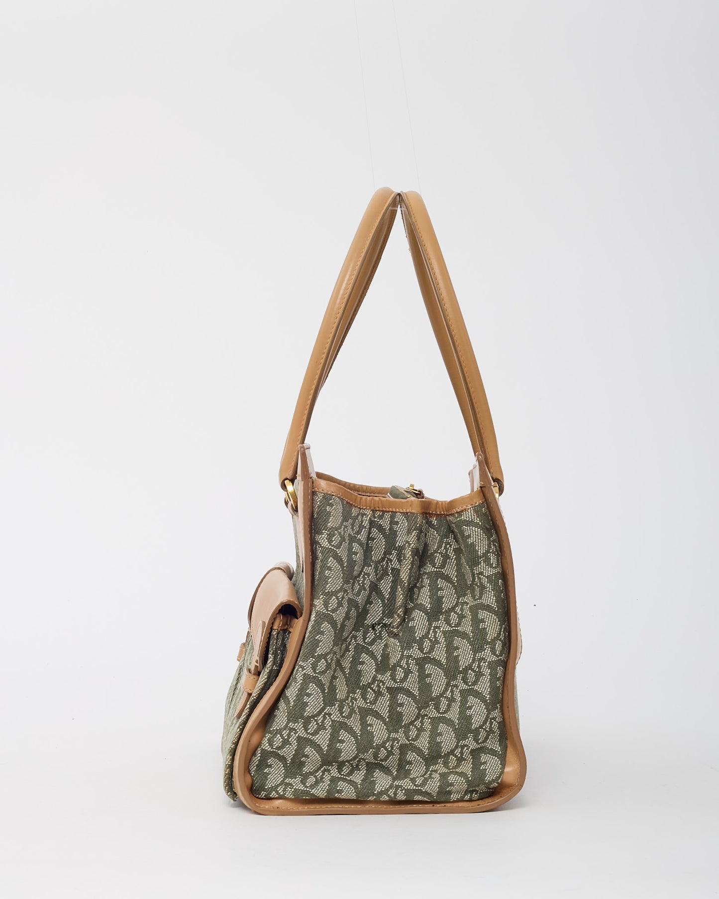 Dior Vintage Beige Leather Khaki Green Diorissimo Monogram Canvas Trotter Double Pocket Tote