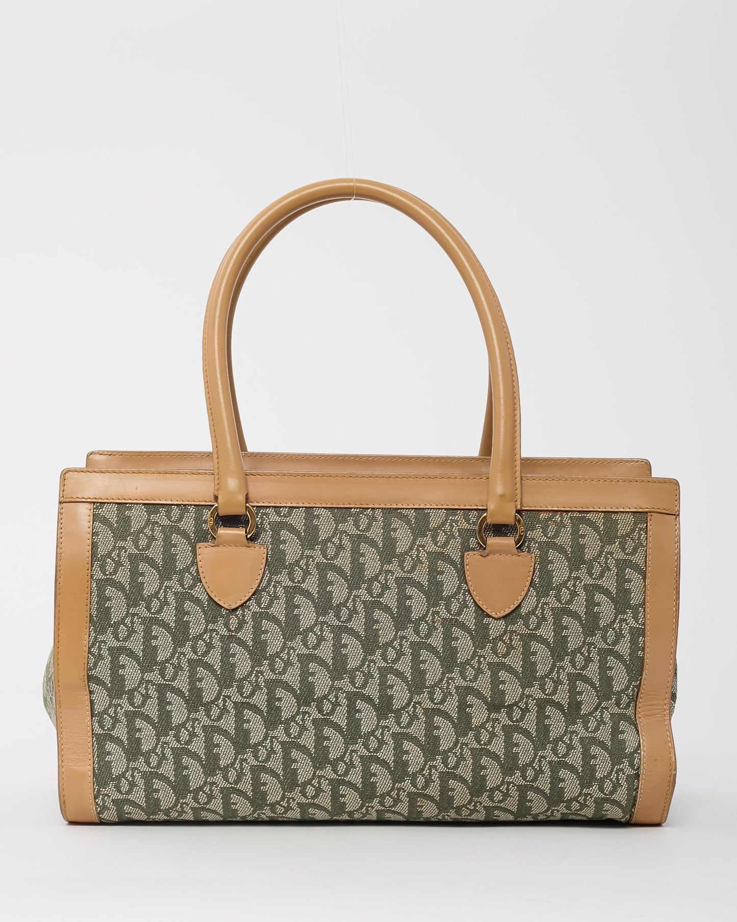 Dior Vintage Beige Leather Khaki Green Diorissimo Monogram Canvas Trotter Double Pocket Tote