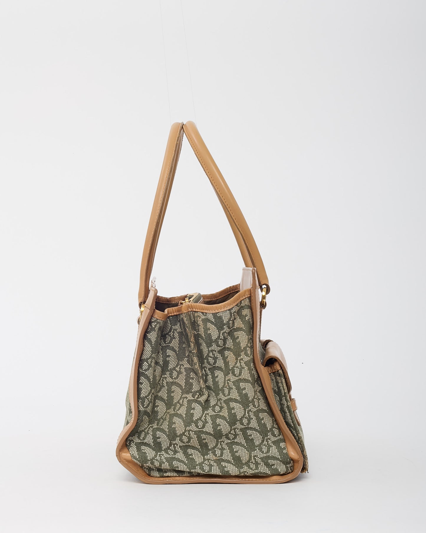 Dior Vintage Beige Leather Khaki Green Diorissimo Monogram Canvas Trotter Double Pocket Tote
